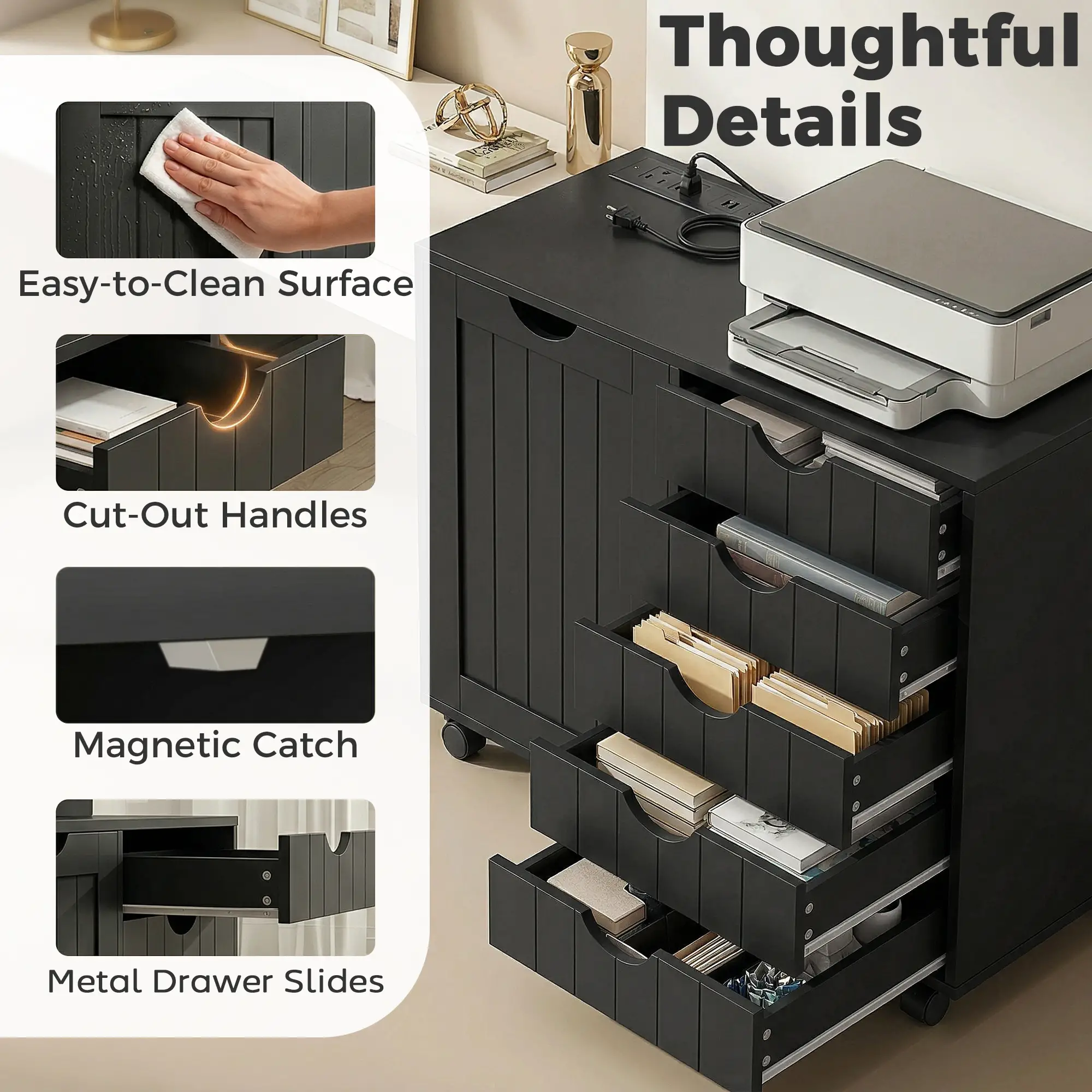 Mobile Lateral Filing Cabinet with 5 Drawers, Printer Stand, Black - Image 9