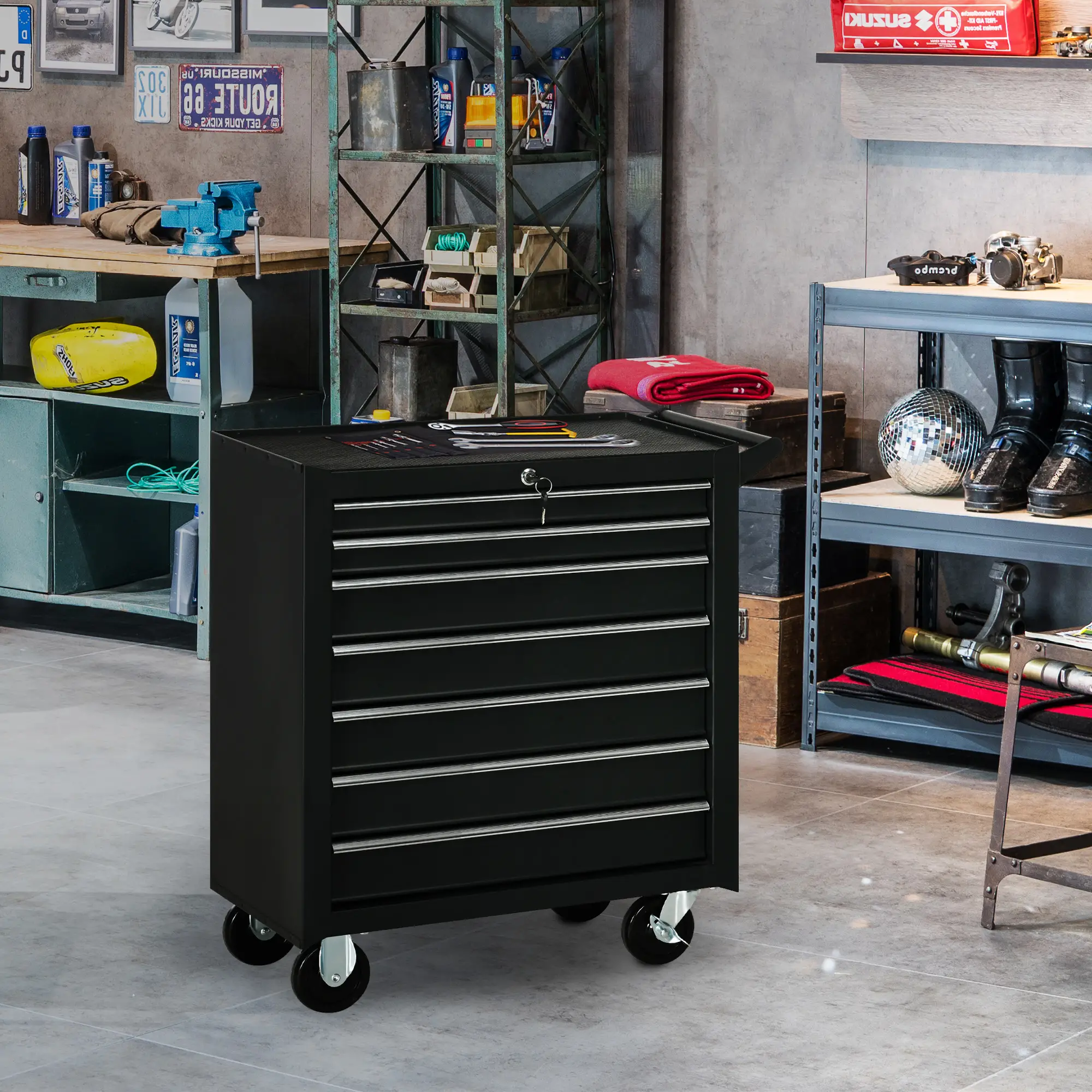 Mobile Lockable Toolbox, 7 Drawer Tool Chest, Black - Image 10