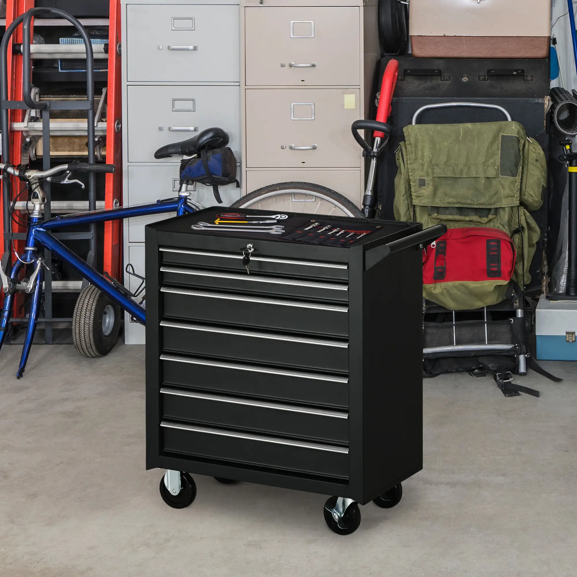 Mobile Lockable Toolbox, 7 Drawer Tool Chest, Black - Image 2