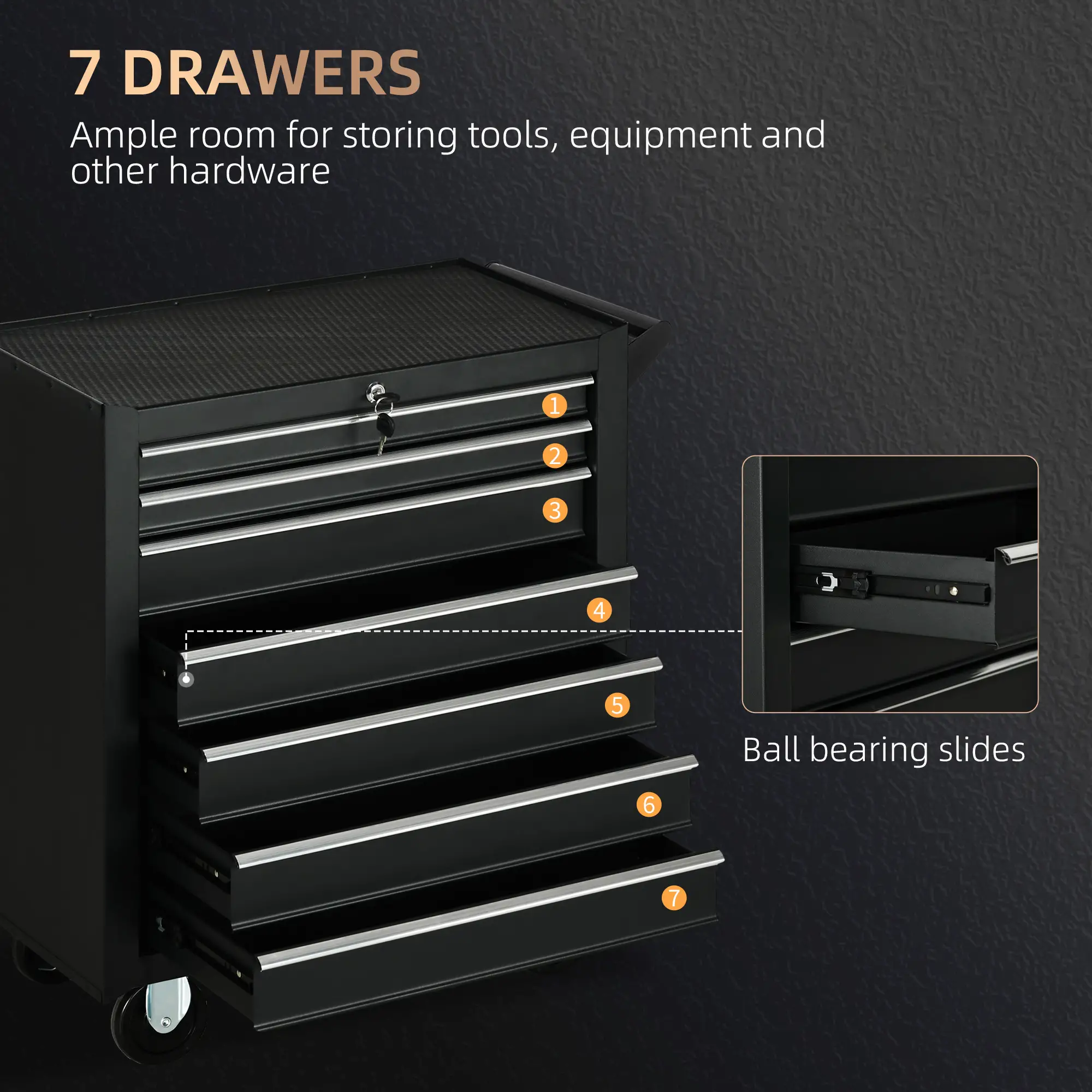 Mobile Lockable Toolbox, 7 Drawer Tool Chest, Black - Image 4