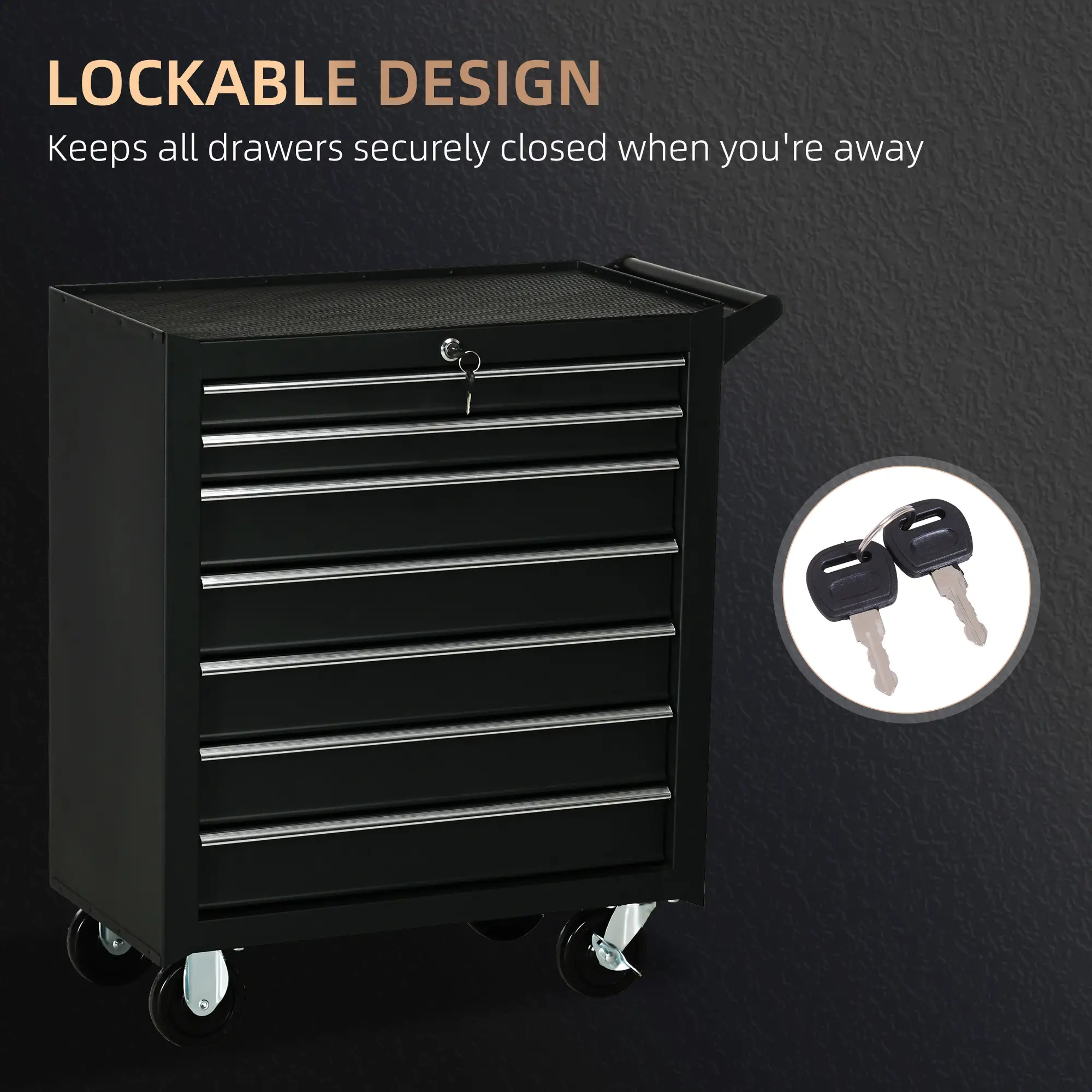 Mobile Lockable Toolbox, 7 Drawer Tool Chest, Black - Image 7
