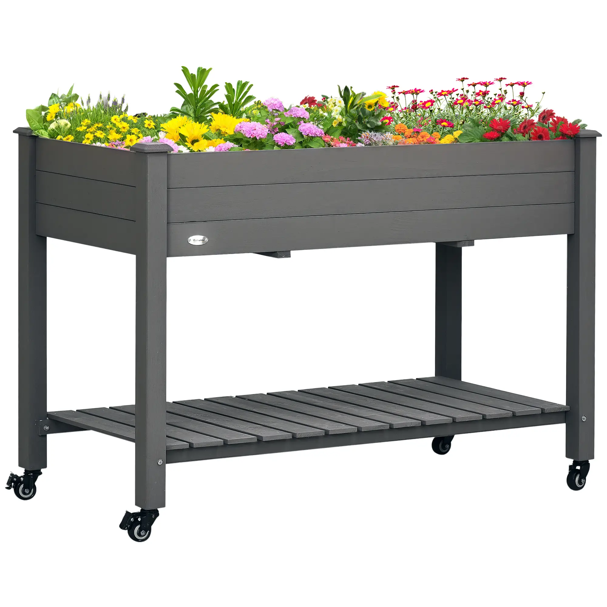 Mobile Raised Garden Bed, Wood Planter Box w/ Wheels, Storage Shelf, Dark Grey - Image 11
