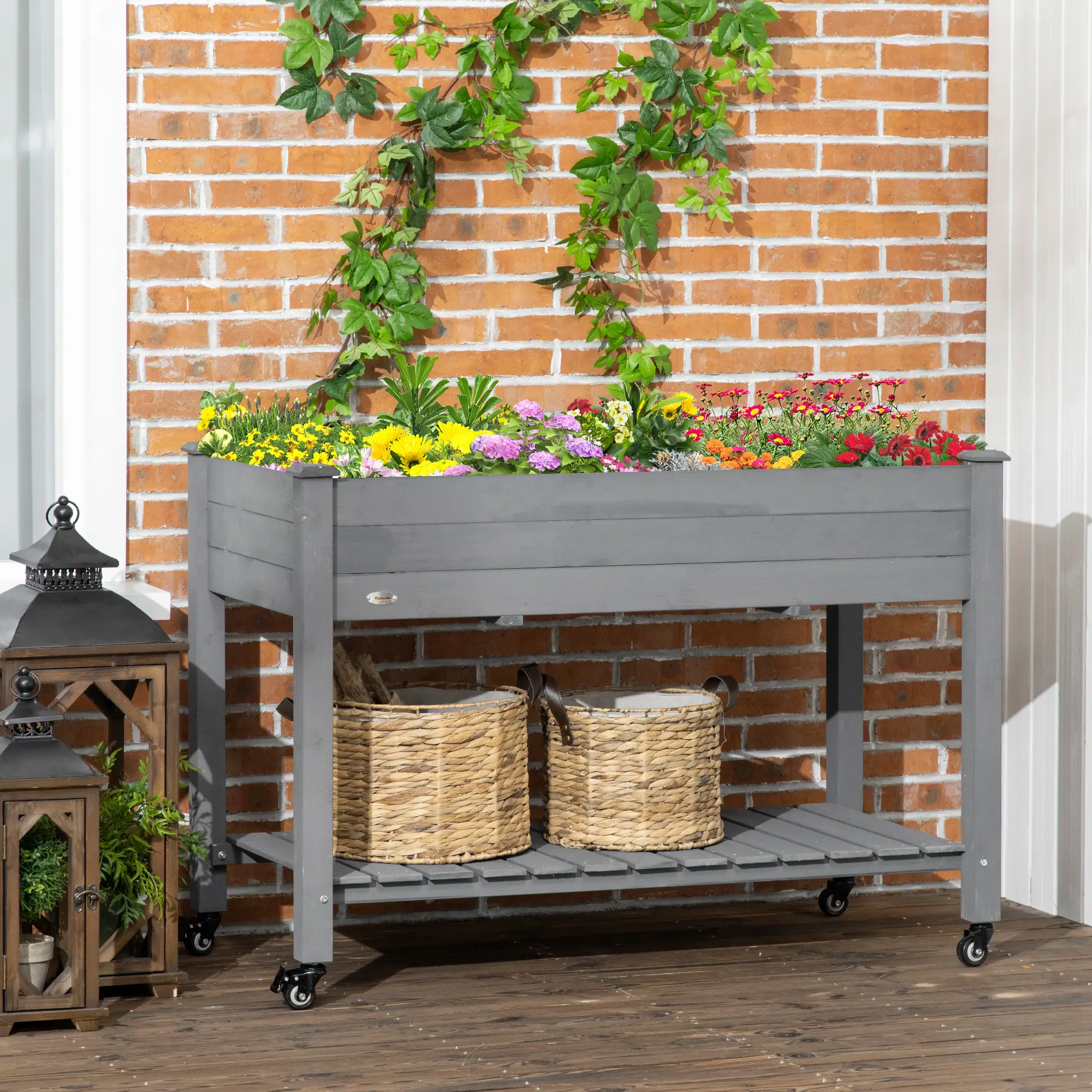 Mobile Raised Garden Bed, Wood Planter Box w/ Wheels, Storage Shelf, Dark Grey - Image 2