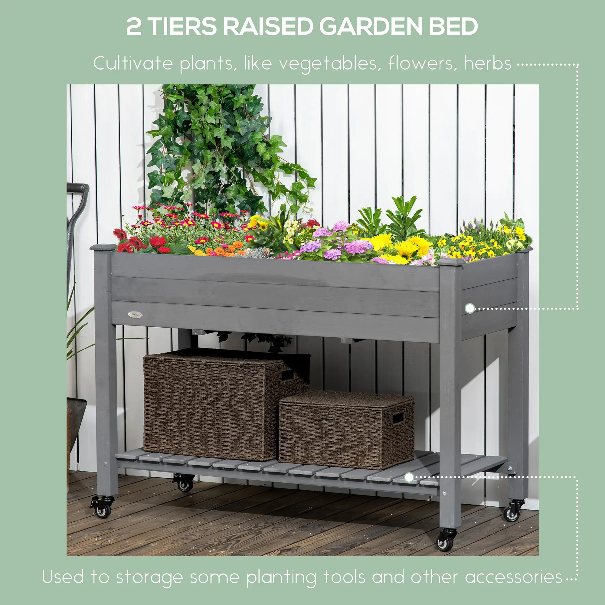 Mobile Raised Garden Bed, Wood Planter Box w/ Wheels, Storage Shelf, Dark Grey - Image 4