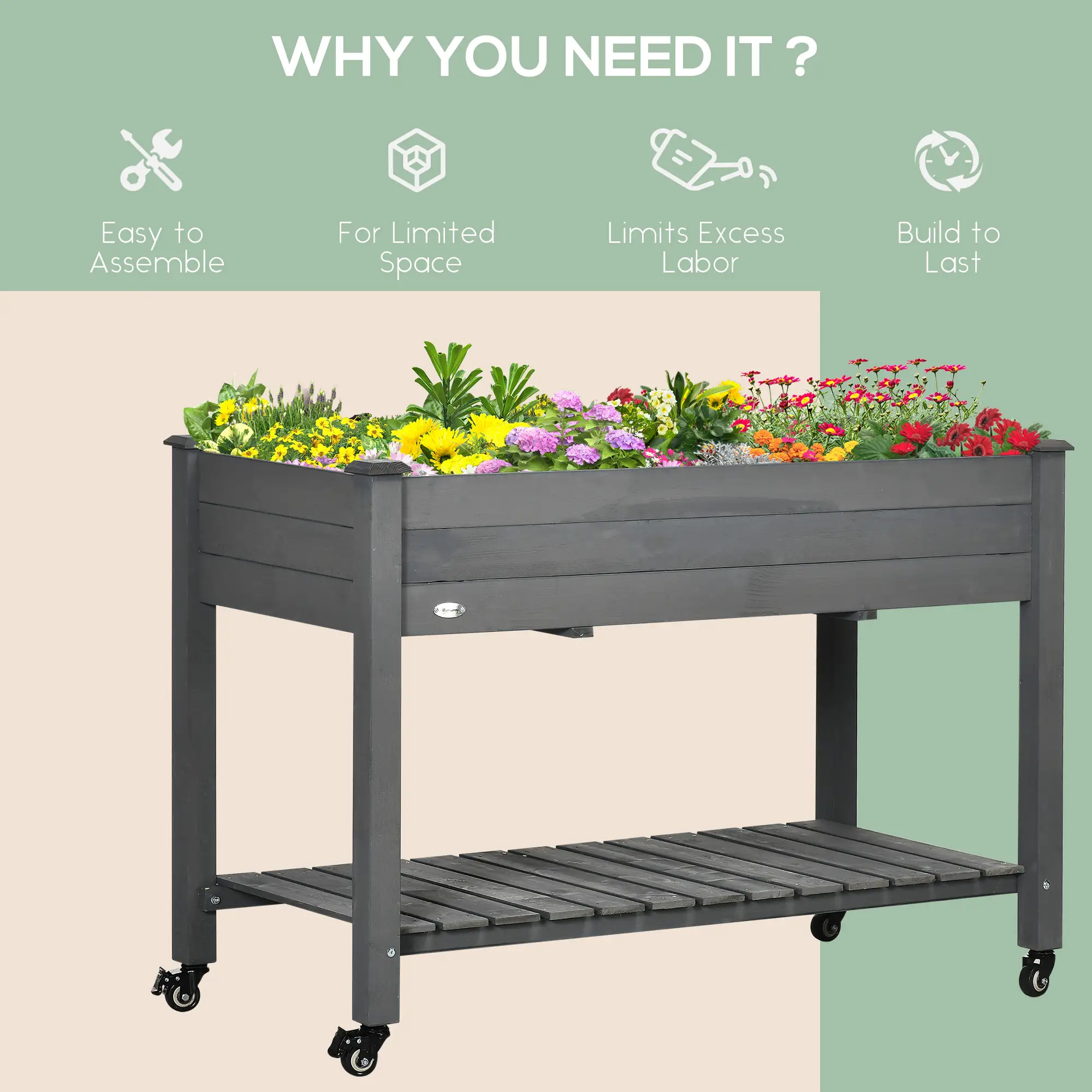 Mobile Raised Garden Bed, Wood Planter Box w/ Wheels, Storage Shelf, Dark Grey - Image 7