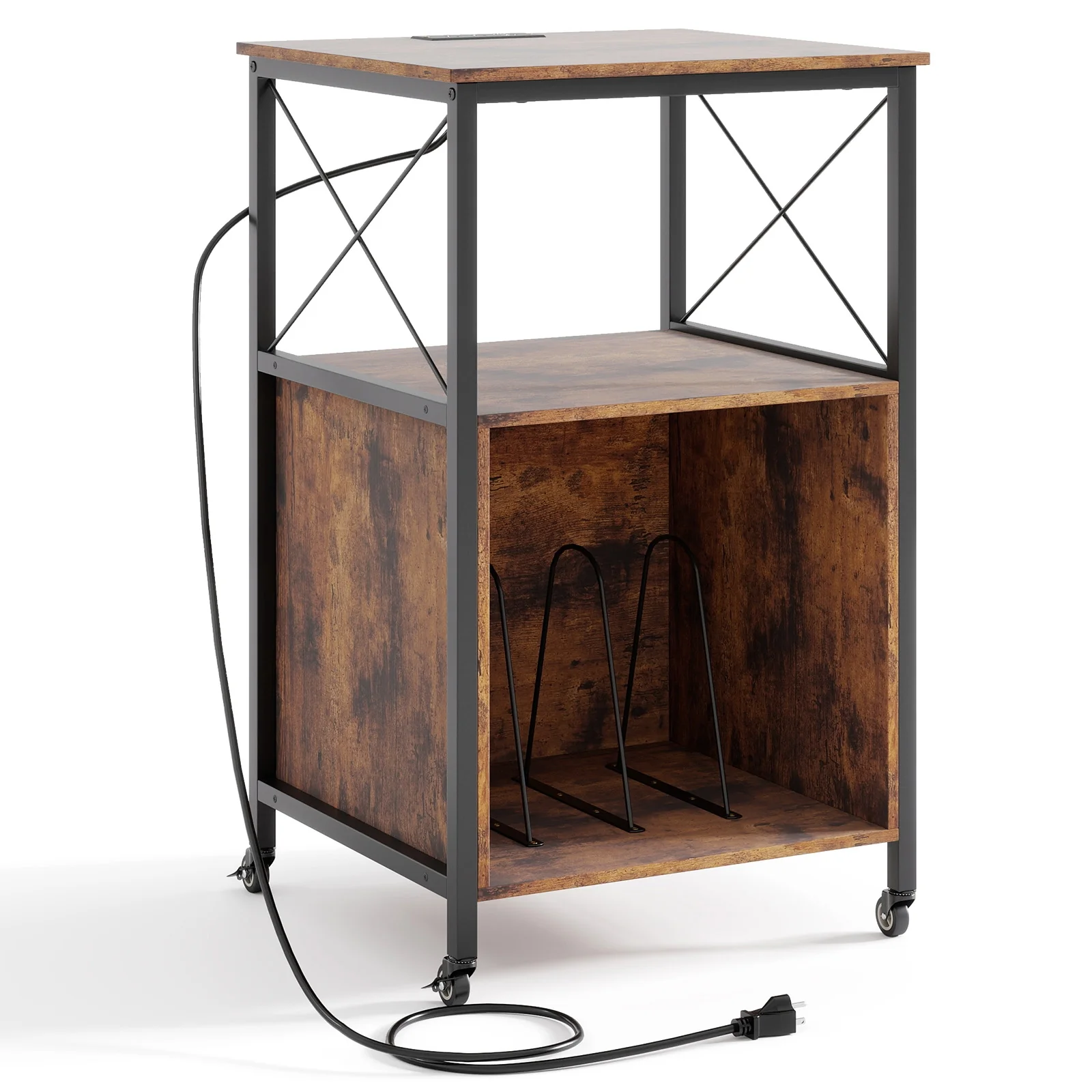 Mobile Record Player Stand With Power Outlet, Open Shelf, Dividers, Rustic Brown