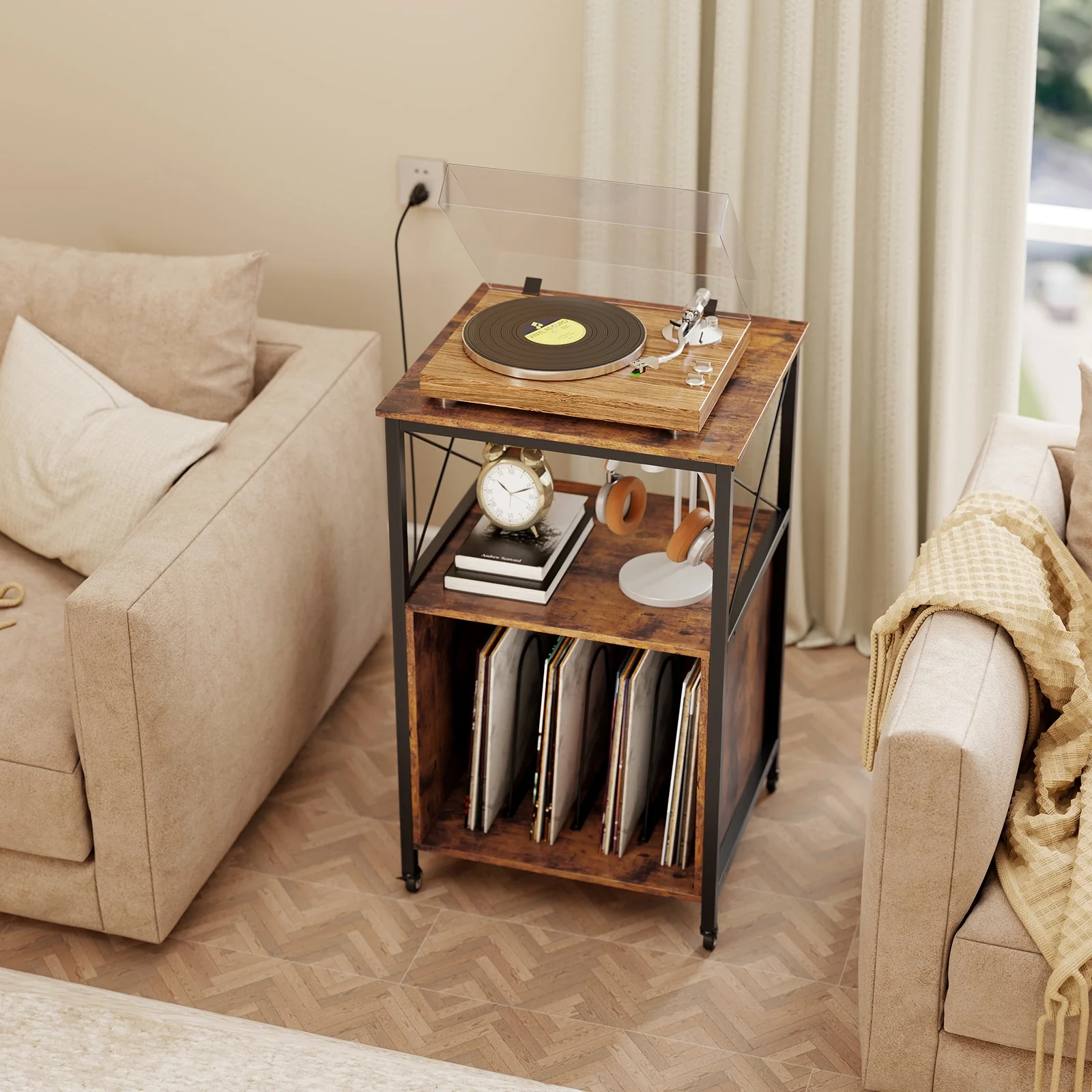Mobile Record Player Stand With Power Outlet, Open Shelf, Dividers, Rustic Brown - Image 2