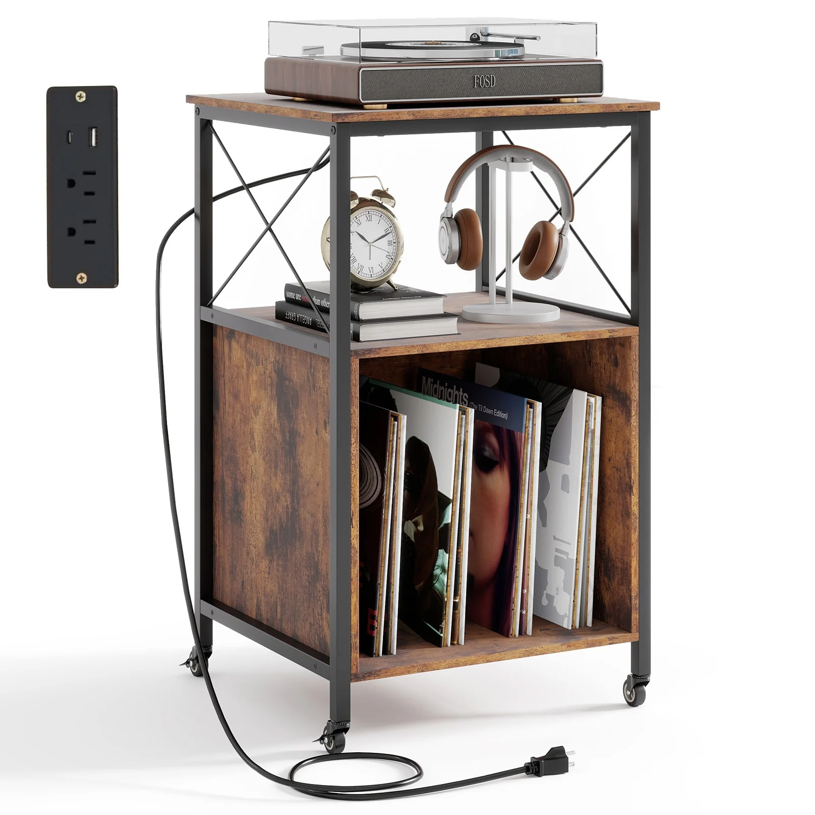 Mobile Record Player Stand With Power Outlet, Open Shelf, Dividers, Rustic Brown - Image 5