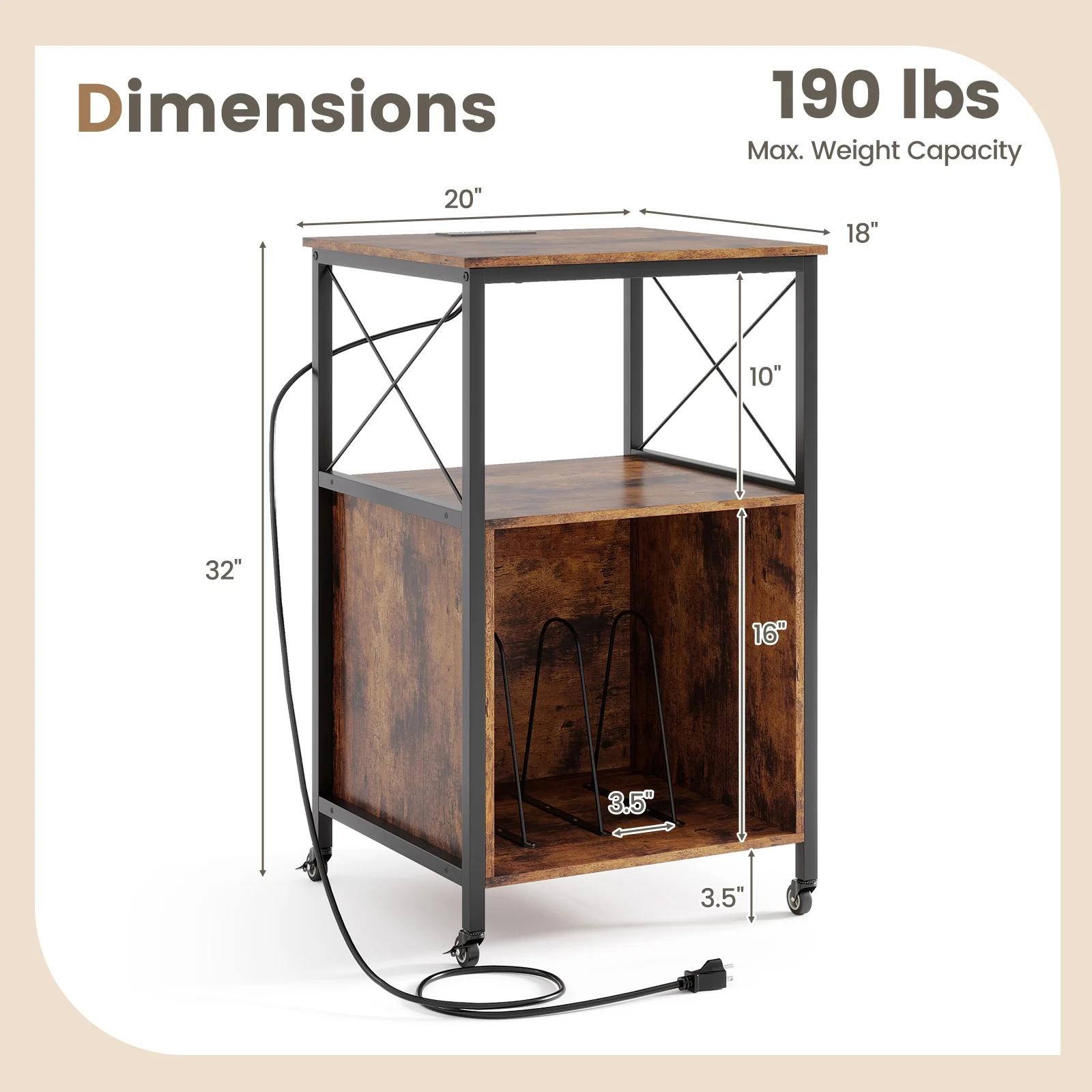Mobile Record Player Stand With Power Outlet, Open Shelf, Dividers, Rustic Brown - Image 6