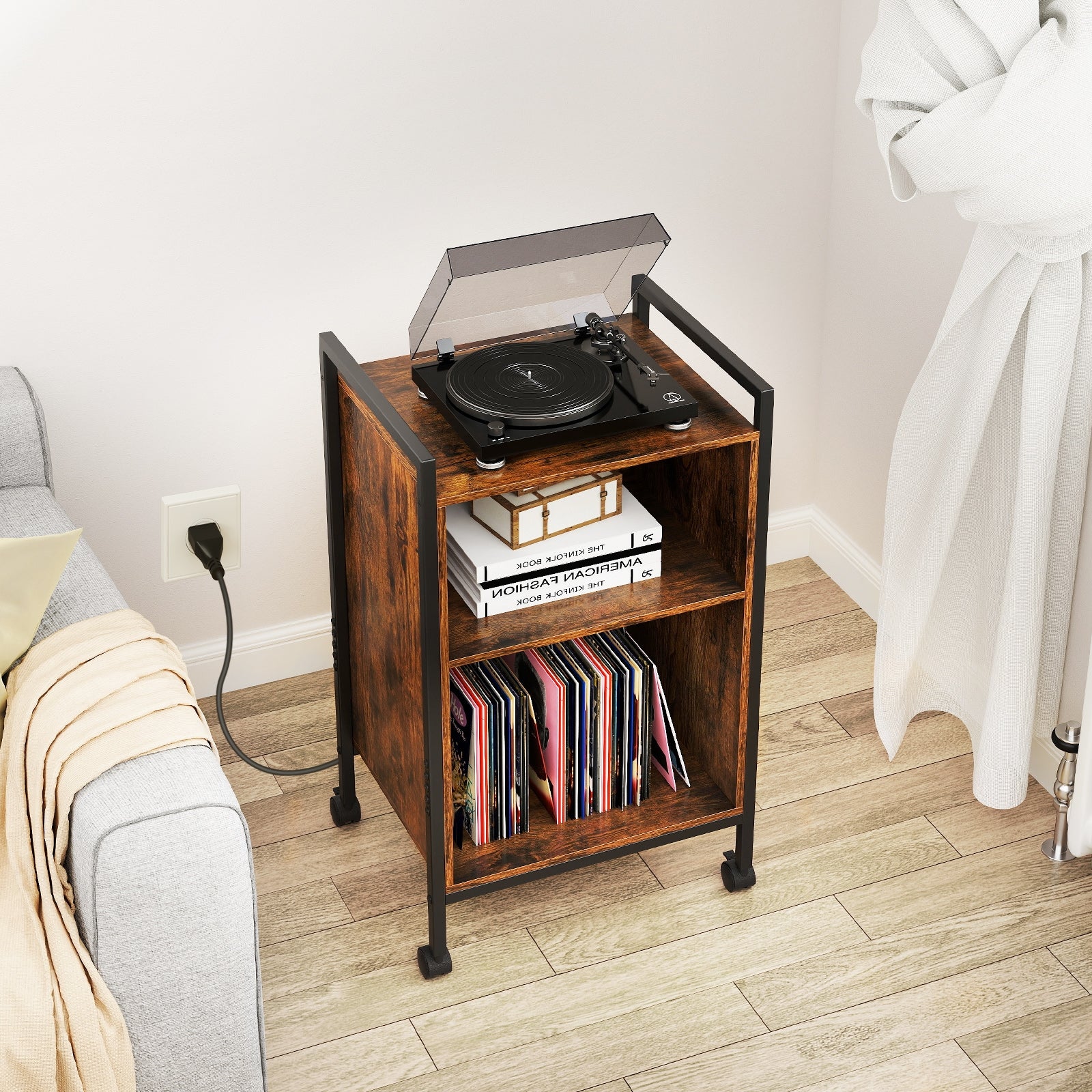 Mobile Record Player Stand With Power Outlet, Rustic Brown - Image 2