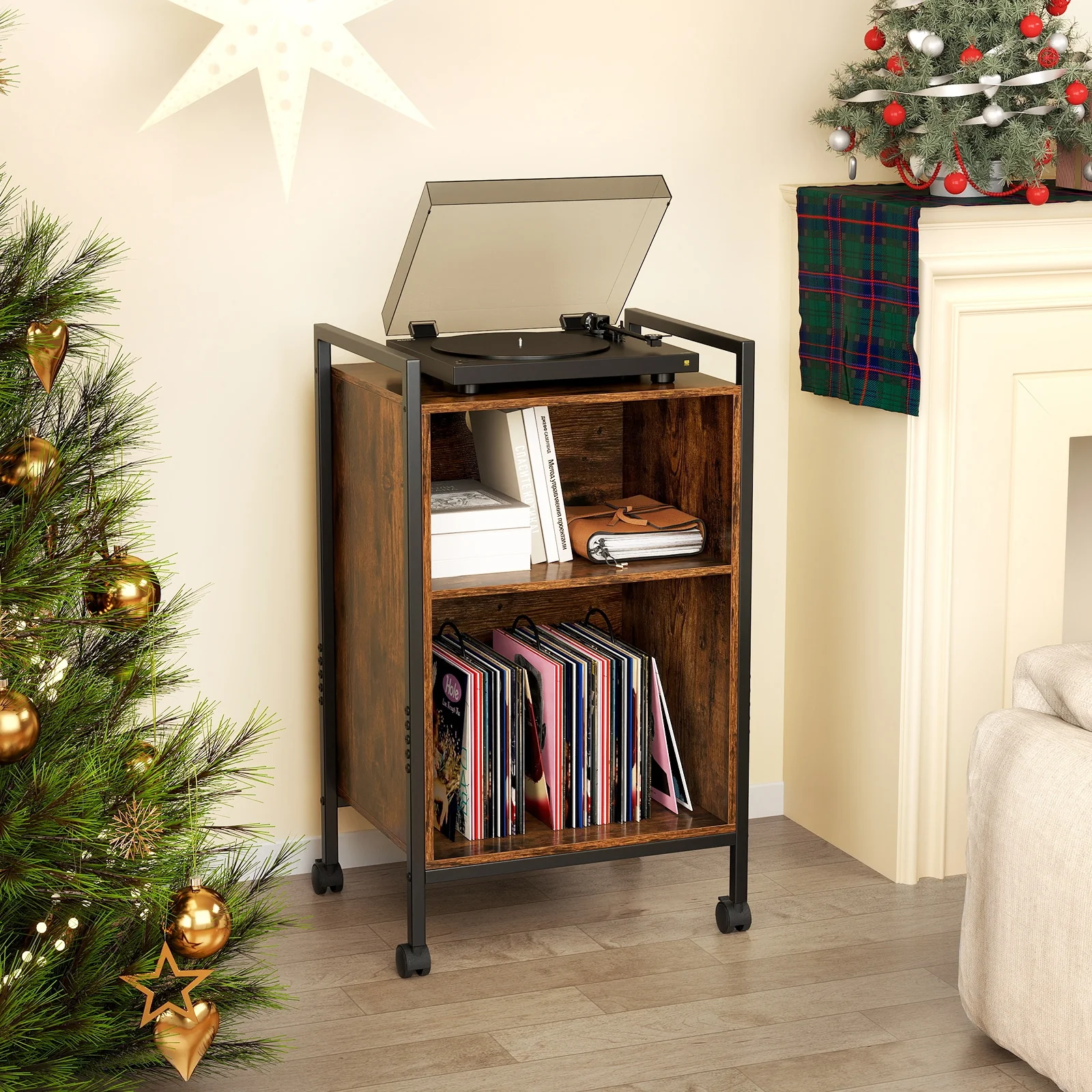 Mobile Record Player Stand With Power Outlet, Rustic Brown - Image 3