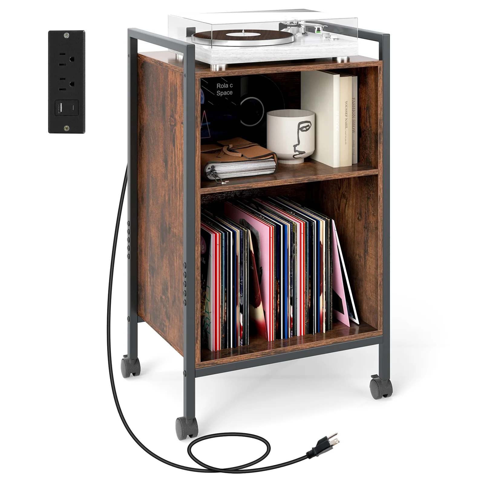 Mobile Record Player Stand With Power Outlet, Rustic Brown - Image 4