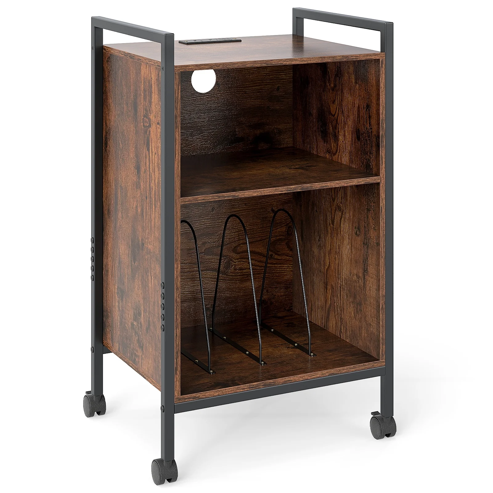 Mobile Record Player Stand With Power Outlet, Rustic Brown - Image 5