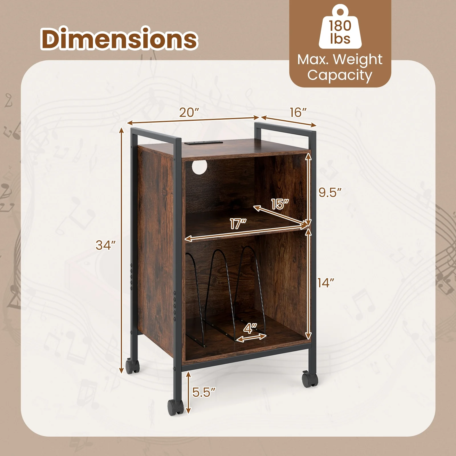 Mobile Record Player Stand With Power Outlet, Rustic Brown - Image 6