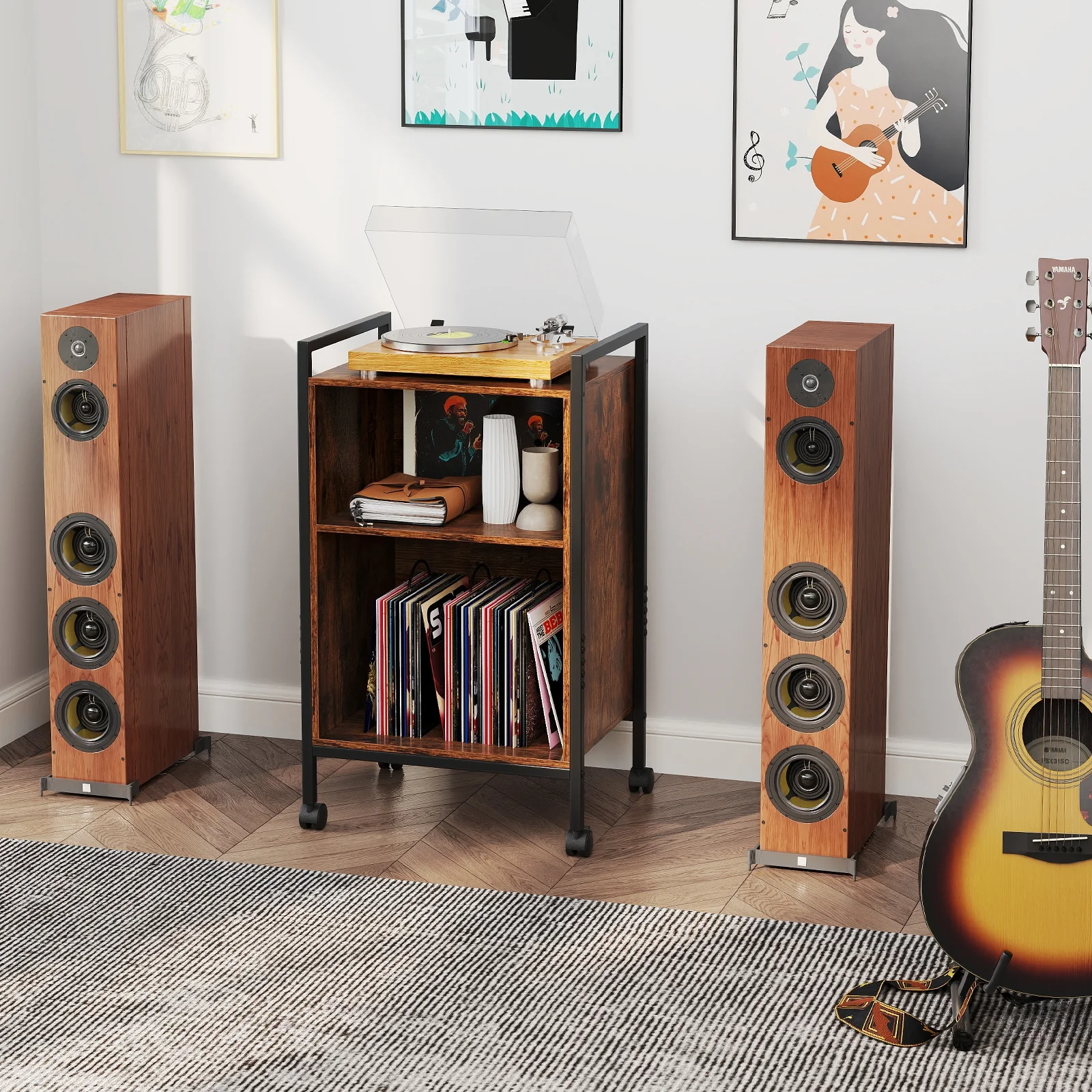 Mobile Record Player Stand With Power Outlet, Rustic Brown - Image 7