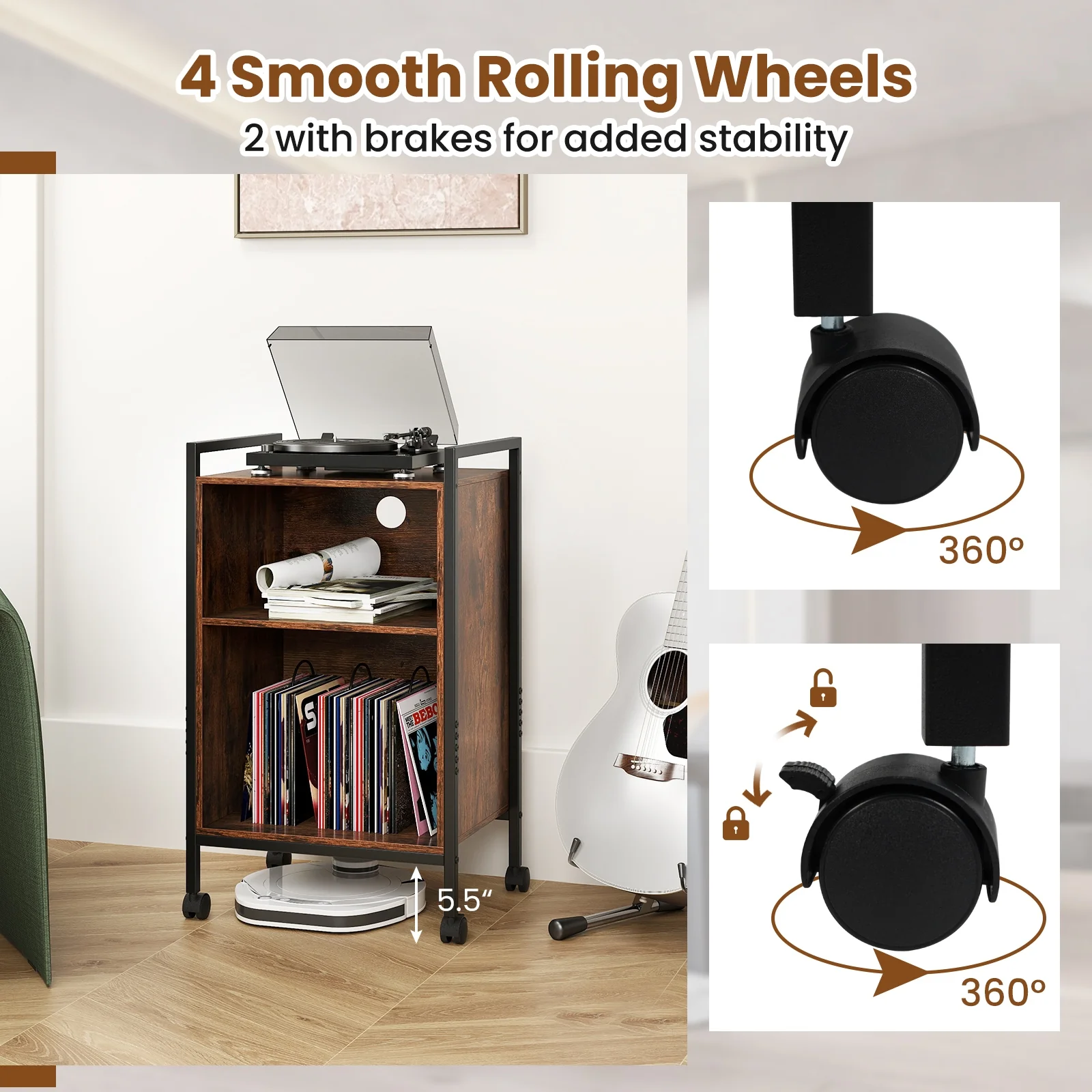 Mobile Record Player Stand With Power Outlet, Rustic Brown - Image 8
