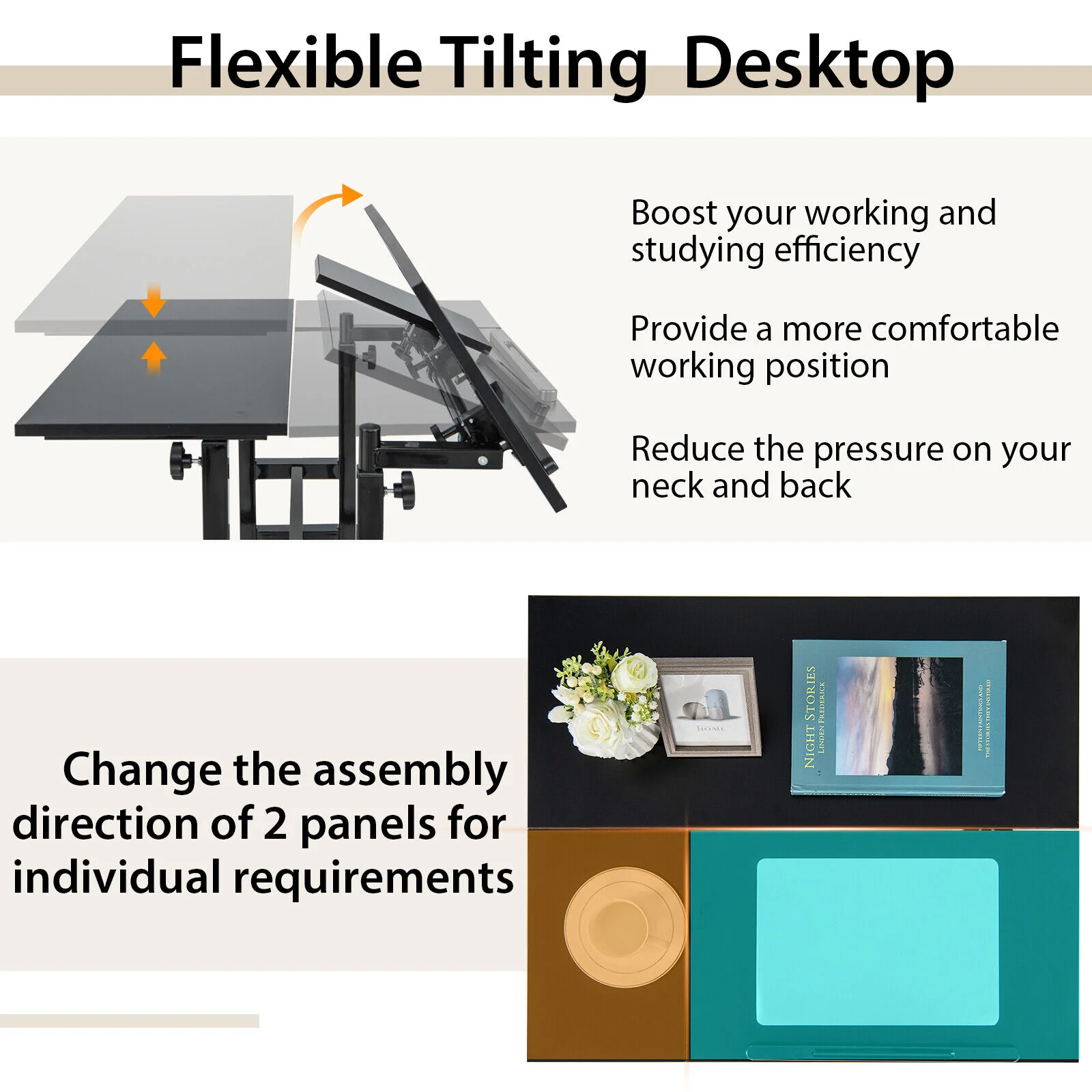 Mobile Stand Up Computer Desk, Adjustable With 2 Tilting Desktops, Black - Image 10