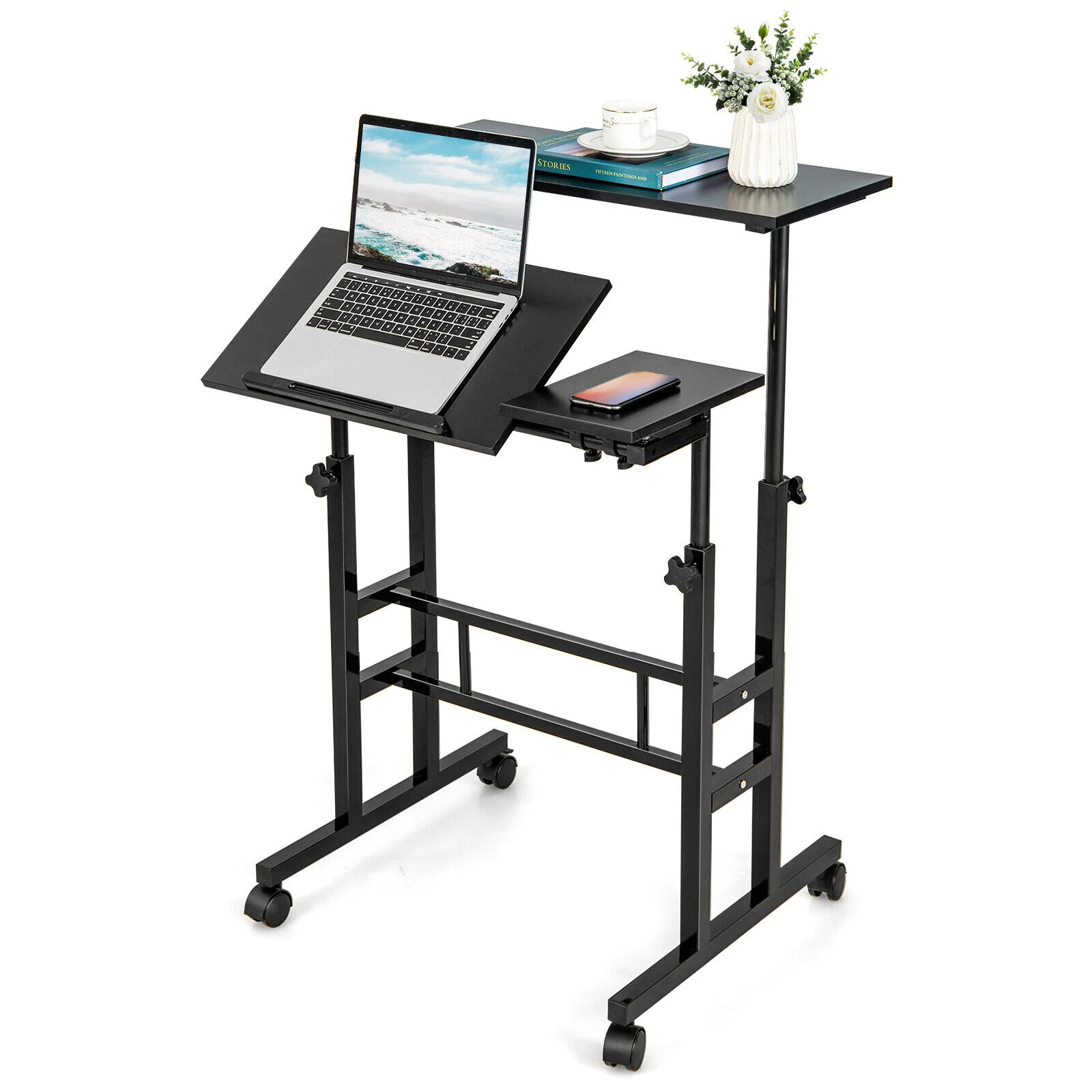 Mobile Stand Up Computer Desk, Adjustable With 2 Tilting Desktops, Black - Image 2