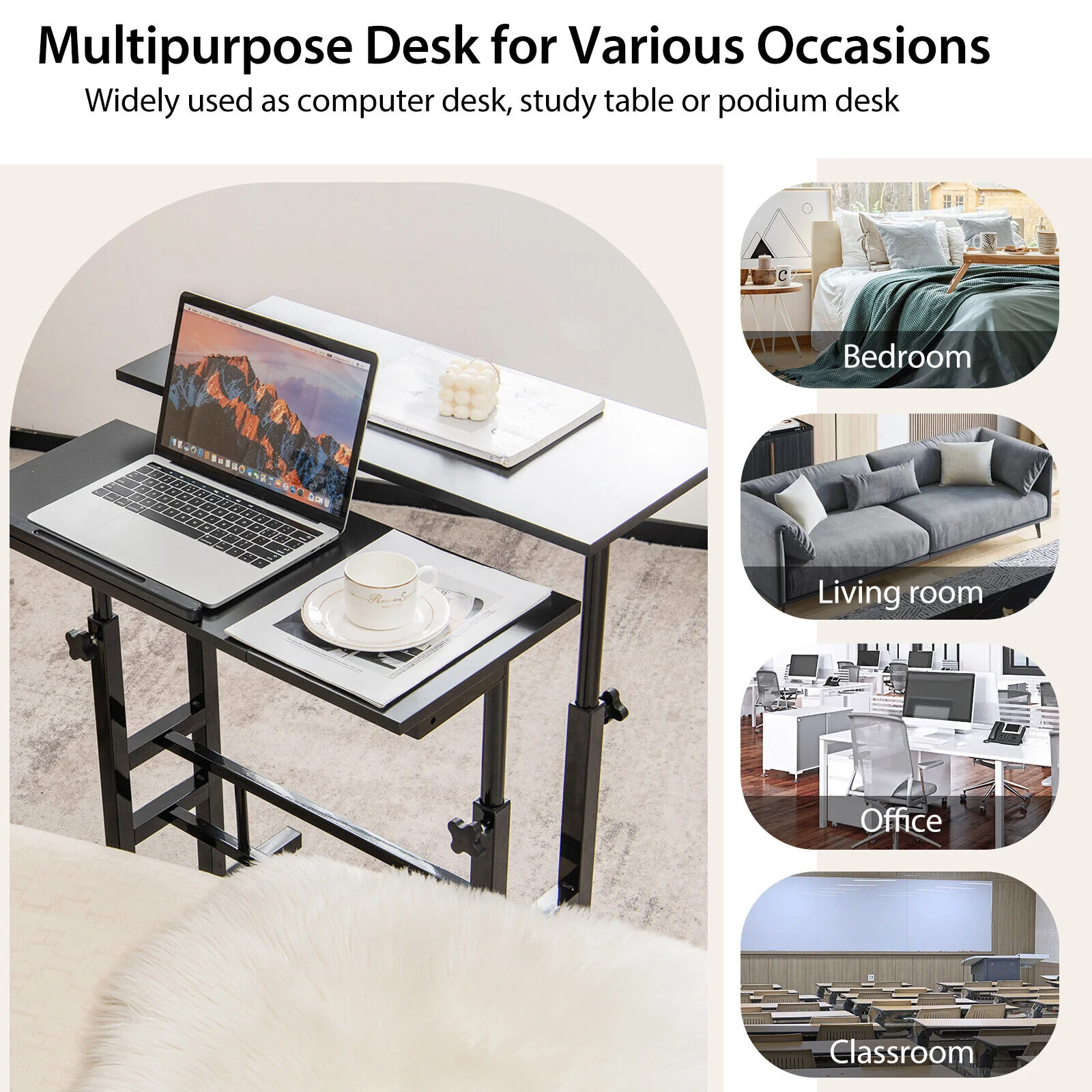 Mobile Stand Up Computer Desk, Adjustable With 2 Tilting Desktops, Black - Image 4