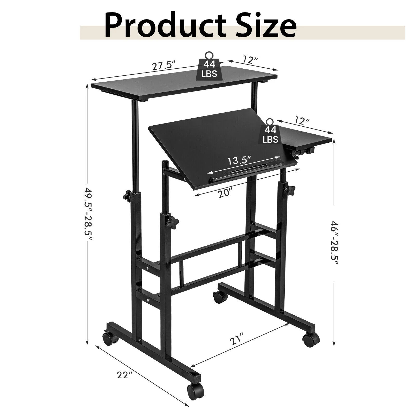 Mobile Stand Up Computer Desk, Adjustable With 2 Tilting Desktops, Black - Image 5