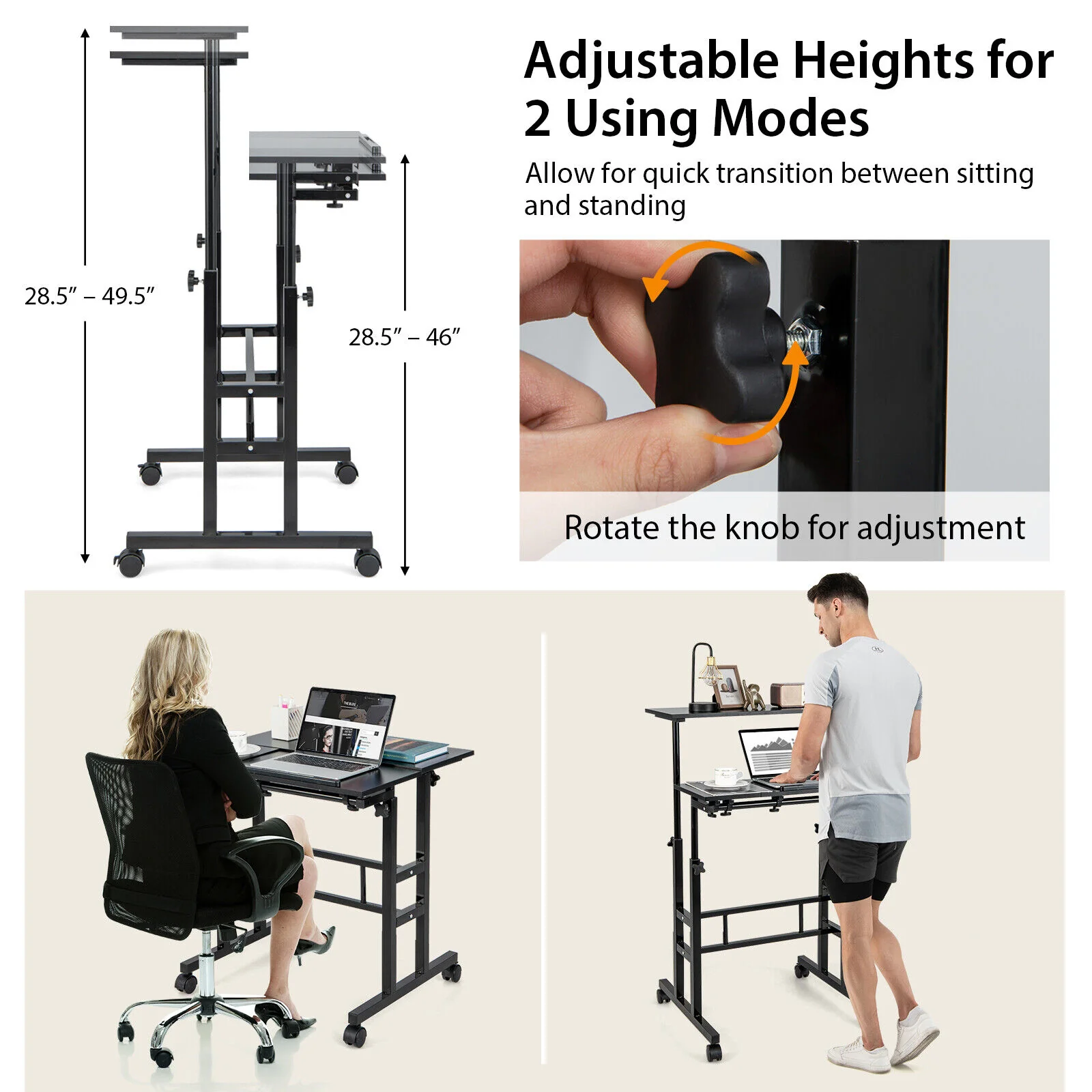 Mobile Stand Up Computer Desk, Adjustable With 2 Tilting Desktops, Black - Image 6