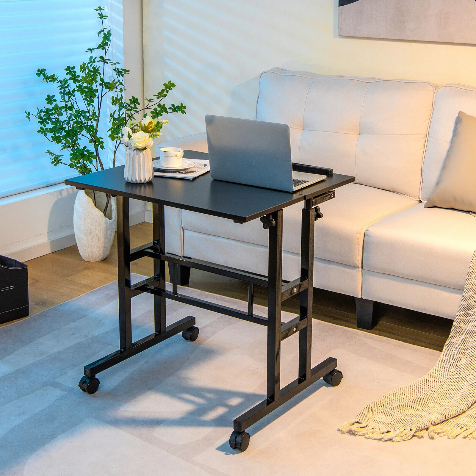 Mobile Stand Up Computer Desk, Adjustable With 2 Tilting Desktops, Black - Image 7
