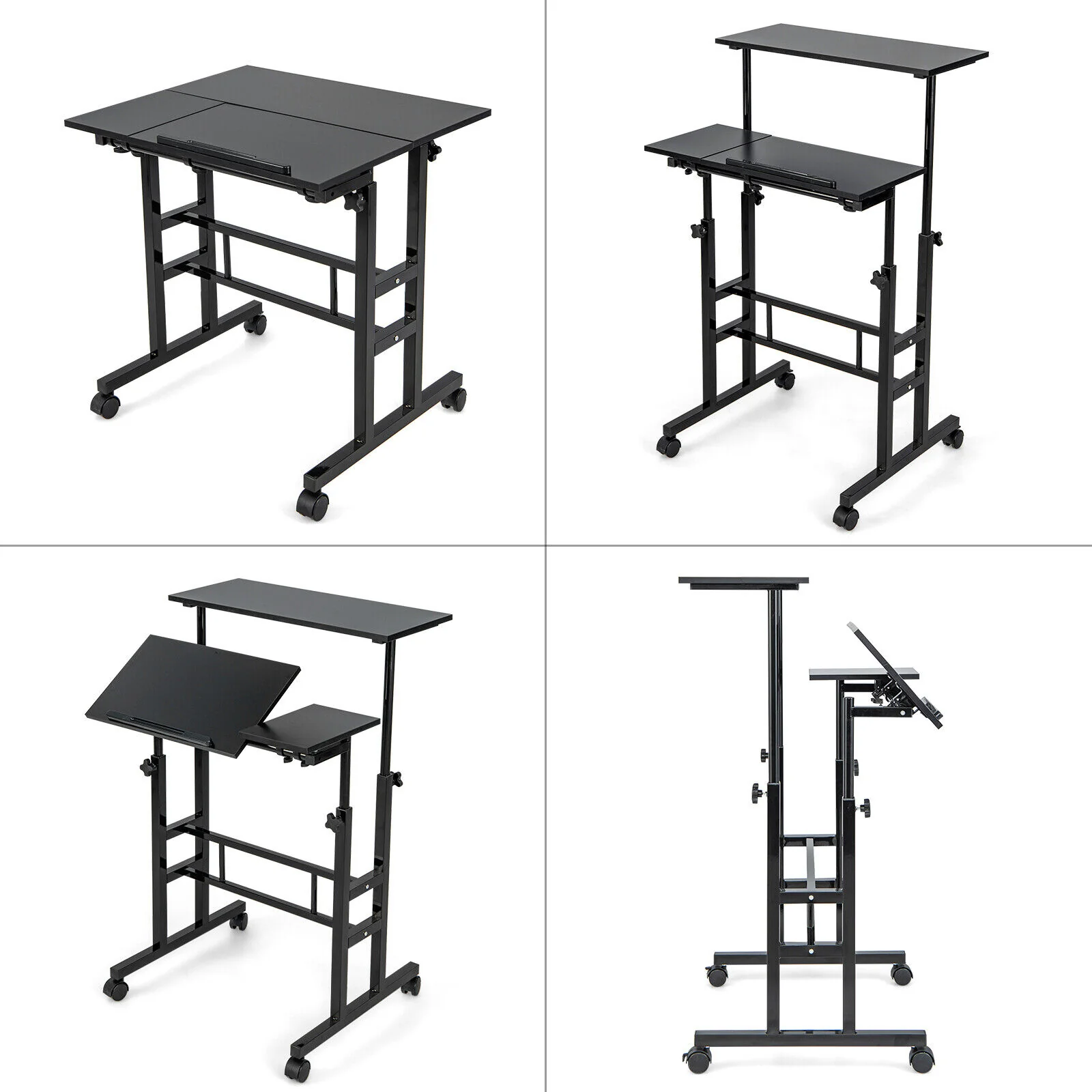 Mobile Stand Up Computer Desk, Adjustable With 2 Tilting Desktops, Black - Image 8