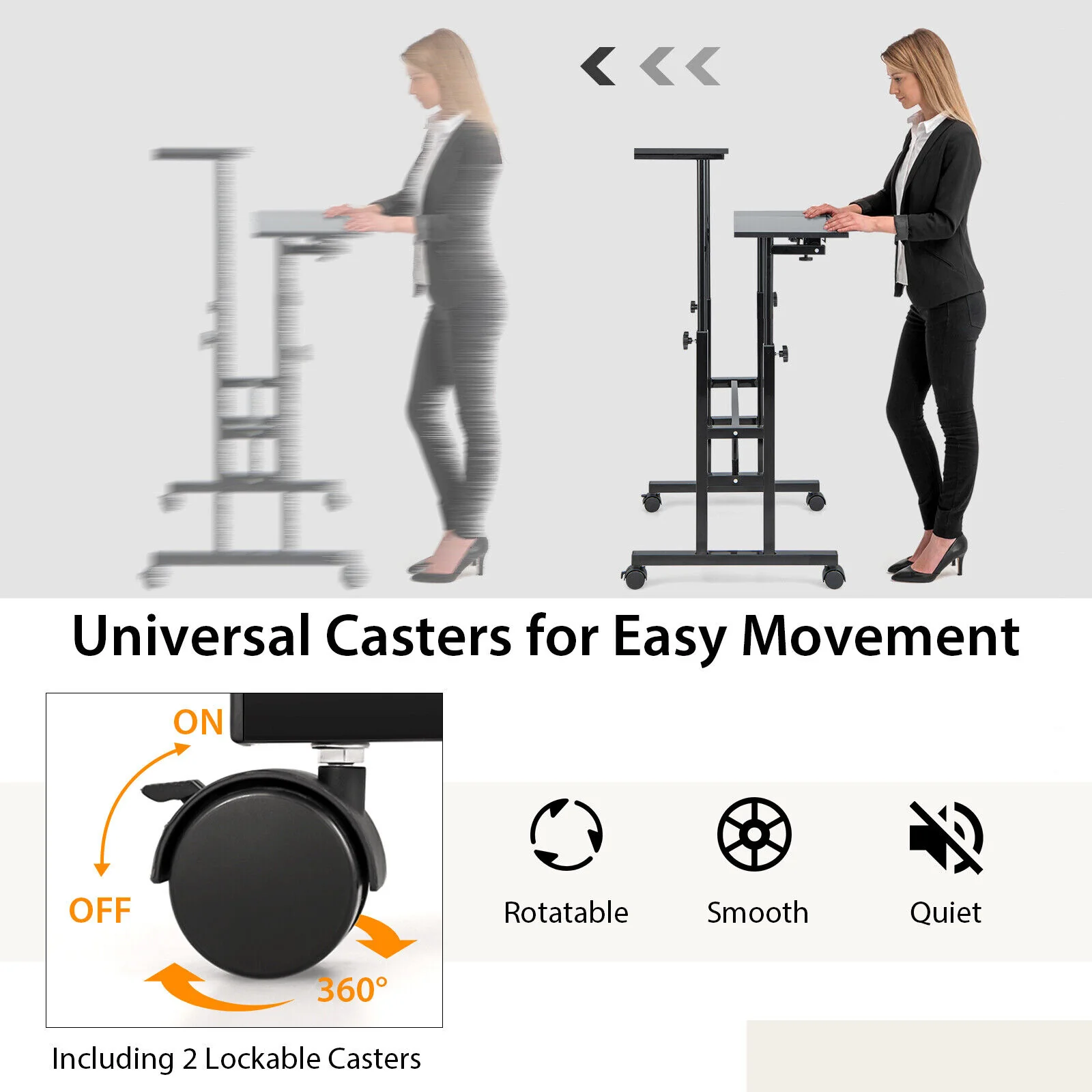 Mobile Stand Up Computer Desk, Adjustable With 2 Tilting Desktops, Black - Image 9