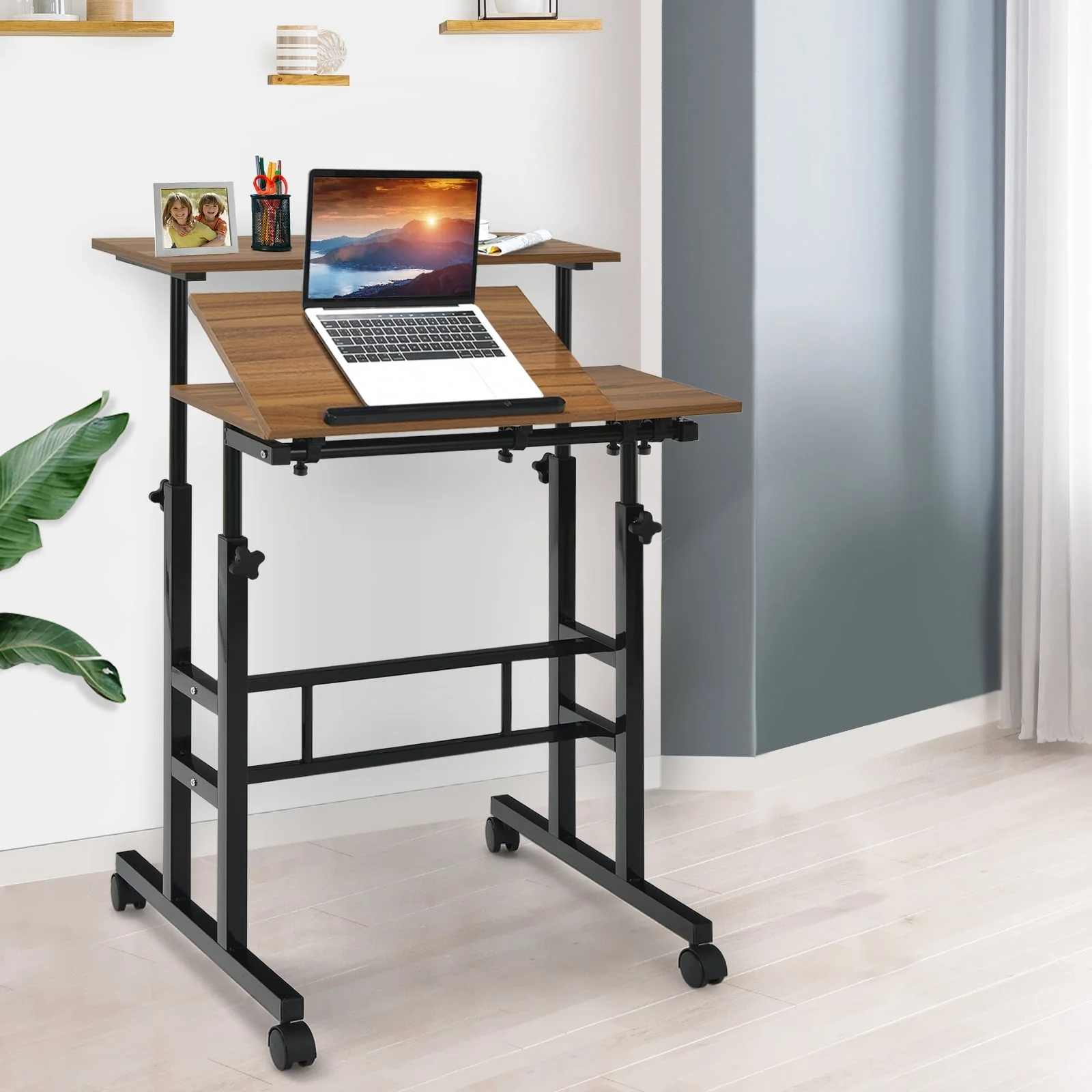 Mobile Standing Desk, Adjustable Tilting Workstation, Walnut - Image 2