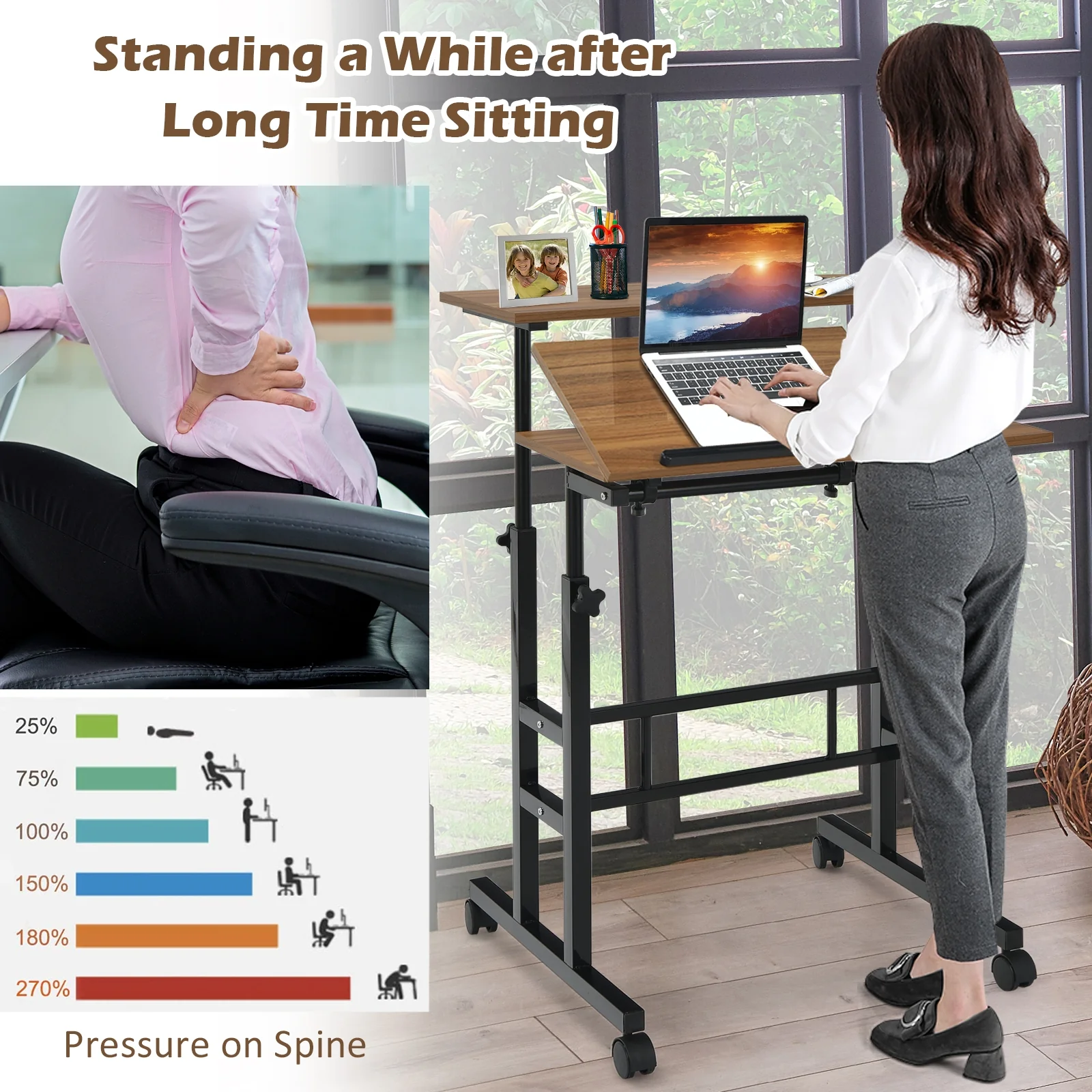 Mobile Standing Desk, Adjustable Tilting Workstation, Walnut - Image 3