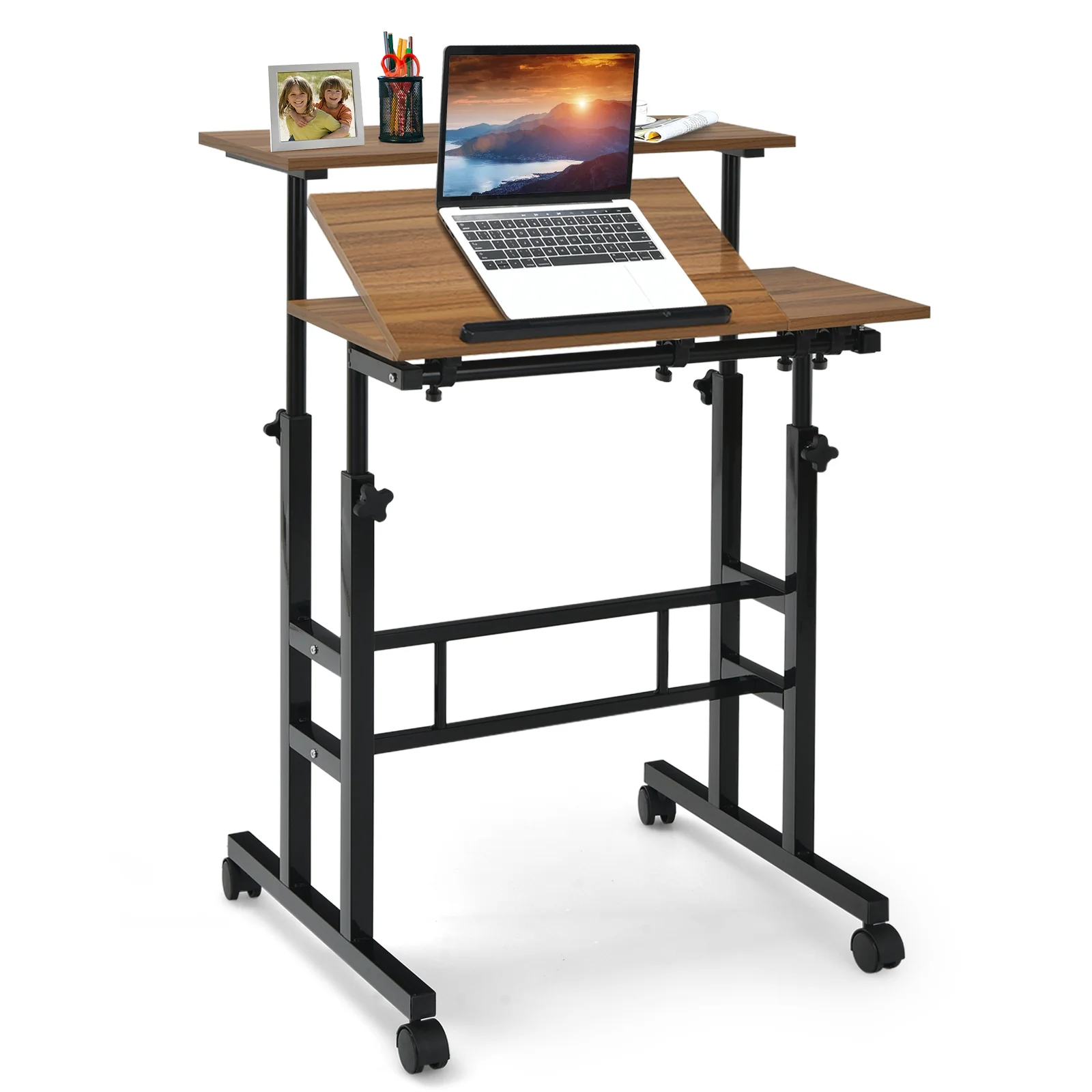 Mobile Standing Desk, Adjustable Tilting Workstation, Walnut - Image 4