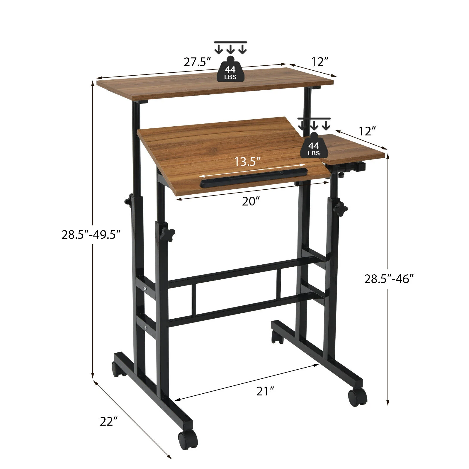 Mobile Standing Desk, Adjustable Tilting Workstation, Walnut - Image 5