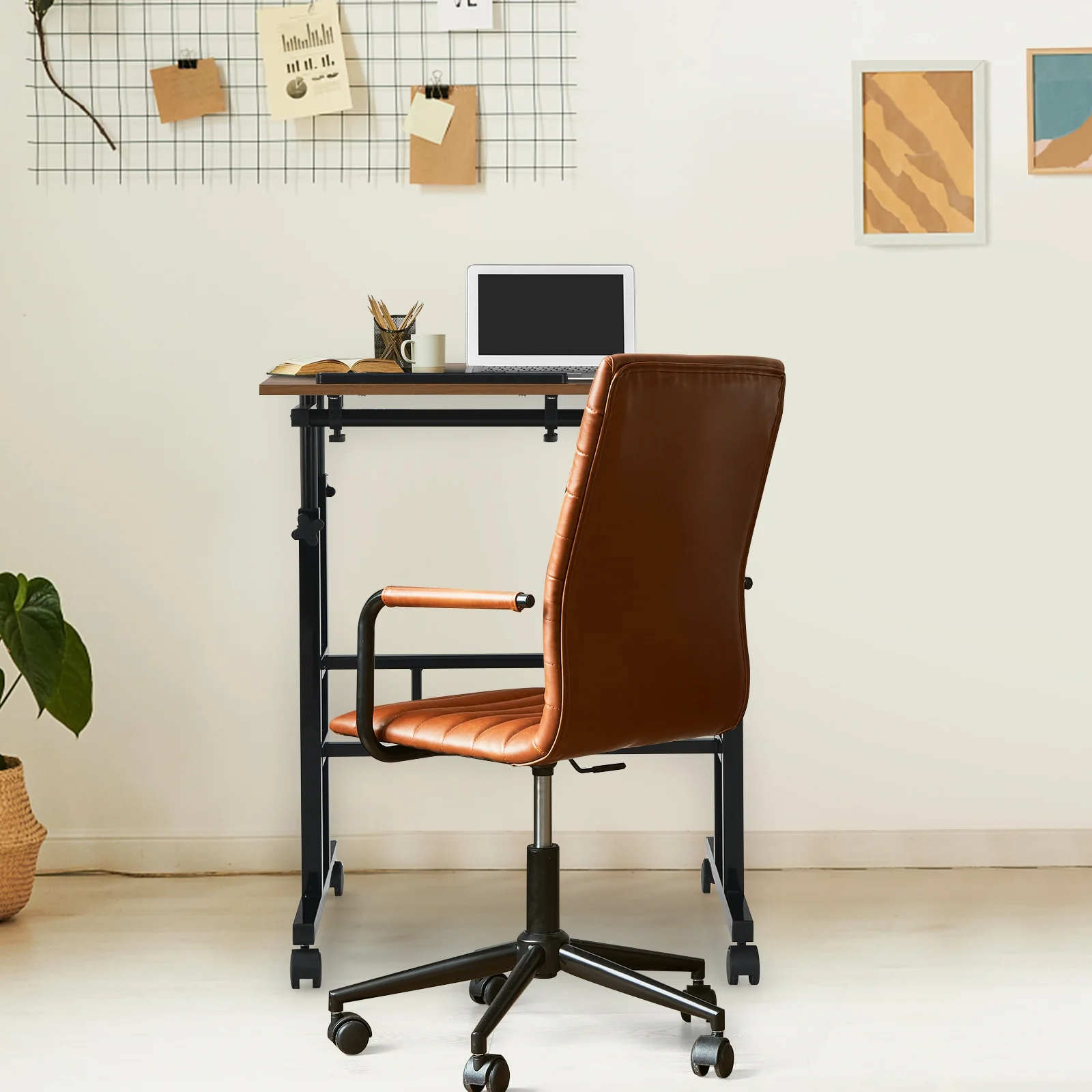 Mobile Standing Desk, Adjustable Tilting Workstation, Walnut - Image 7