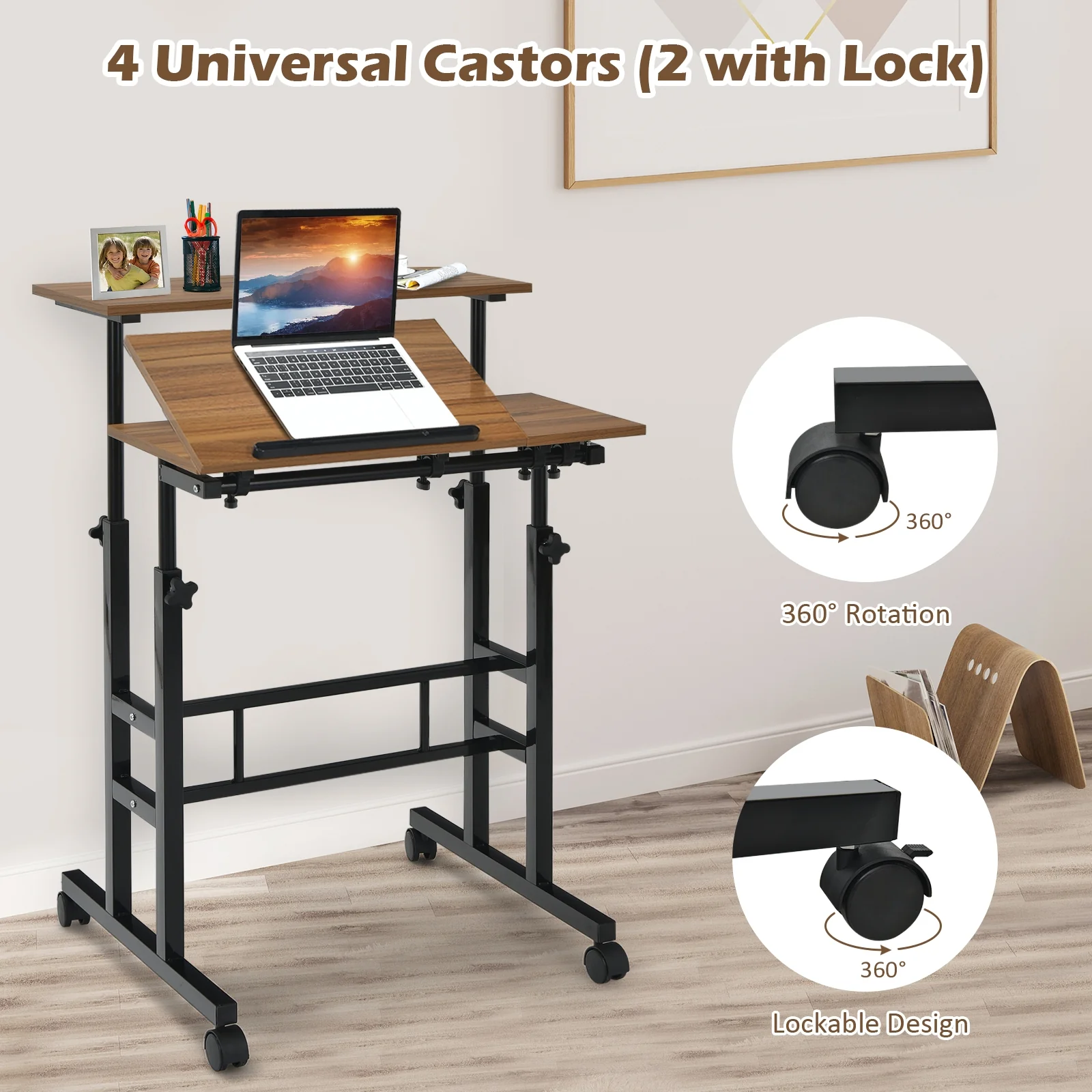 Mobile Standing Desk, Adjustable Tilting Workstation, Walnut - Image 9