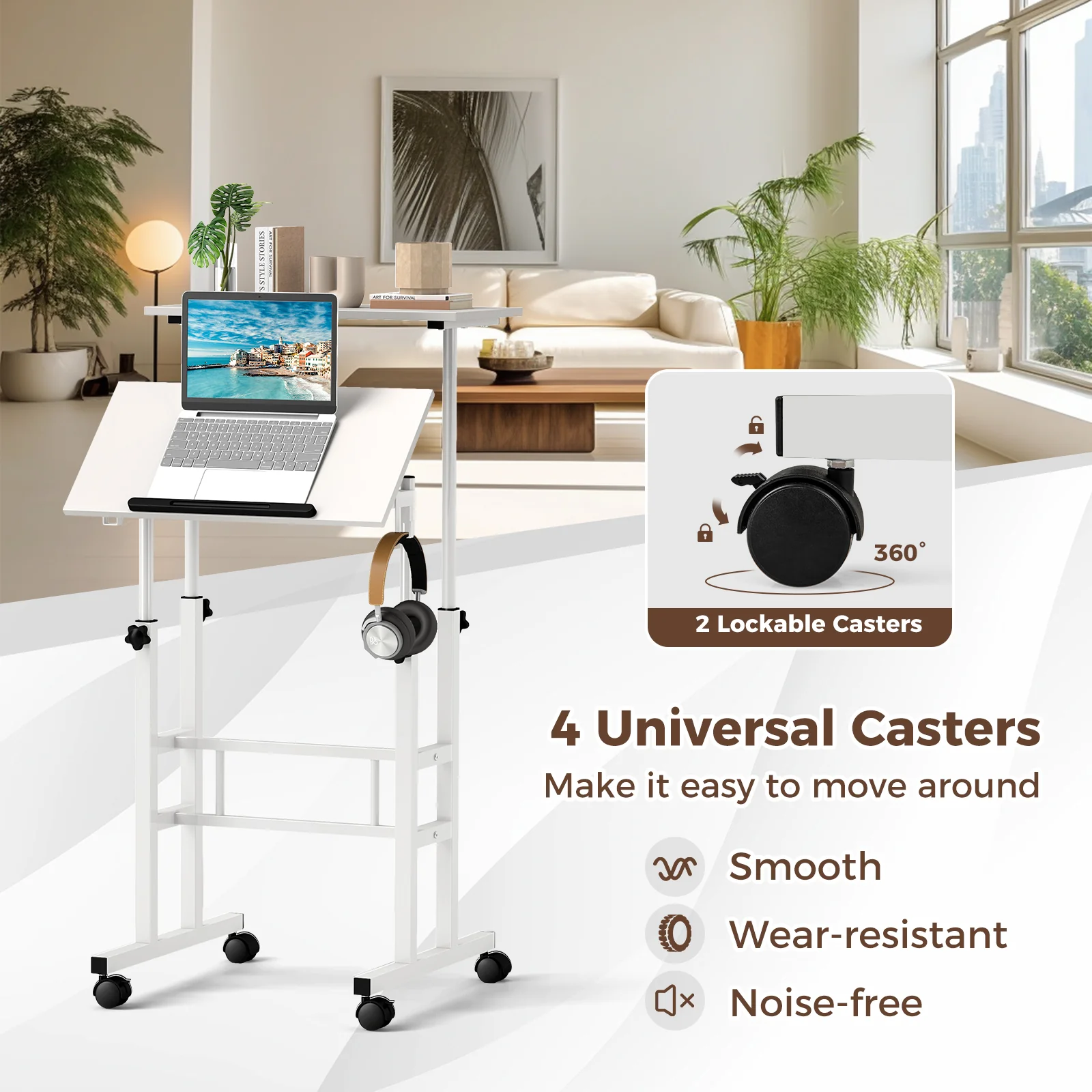 Mobile Standing Desk, Height Adjustable Laptop Cart, White - Image 10
