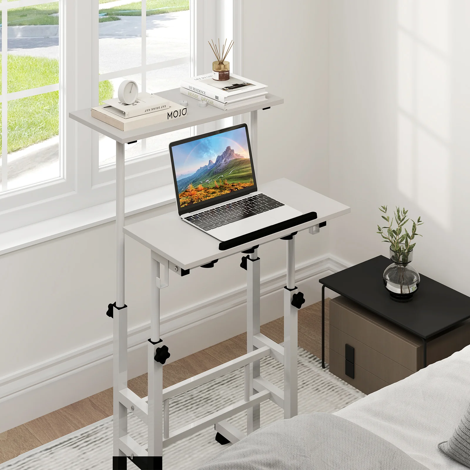 Mobile Standing Desk, Height Adjustable Laptop Cart, White - Image 2