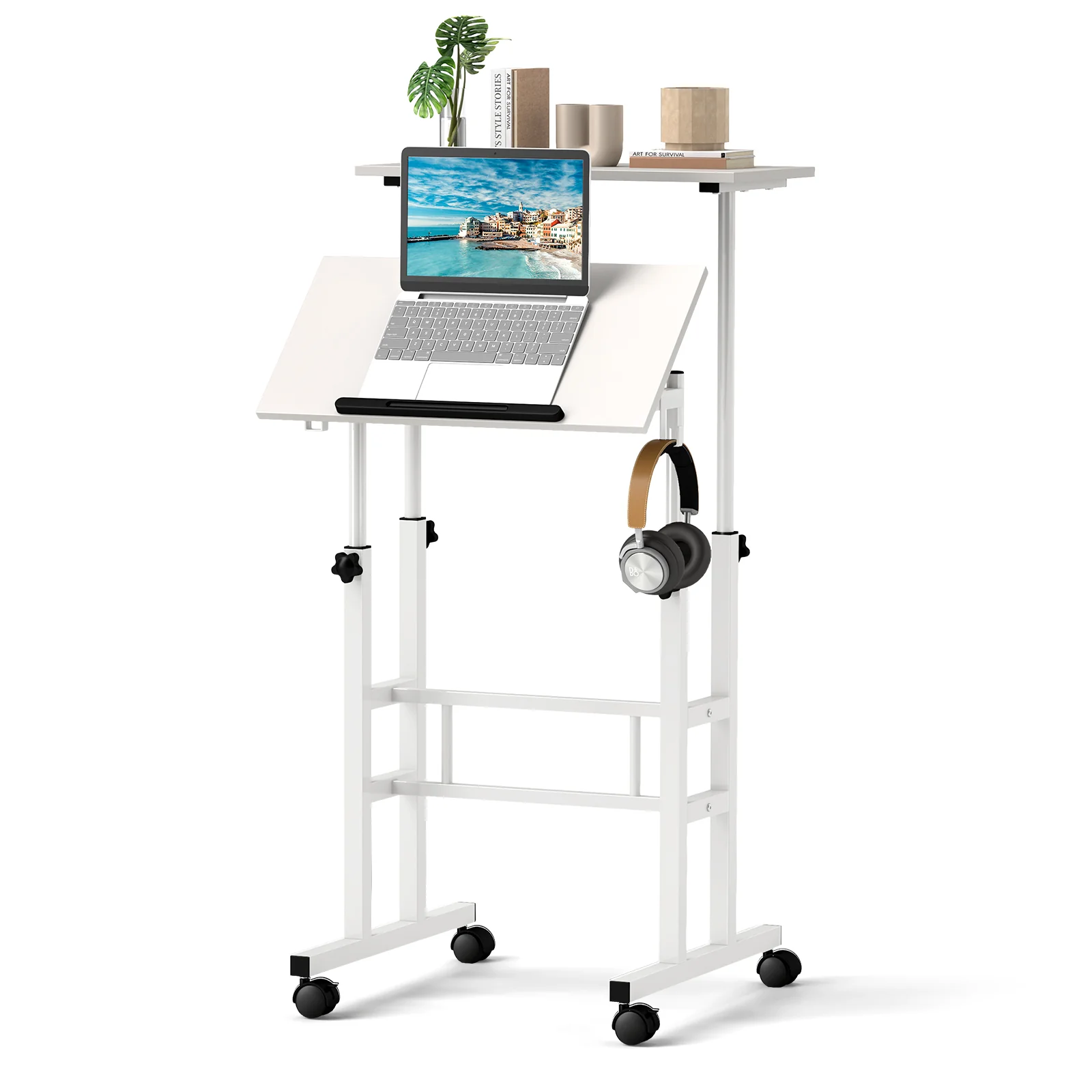 Mobile Standing Desk, Height Adjustable Laptop Cart, White - Image 5