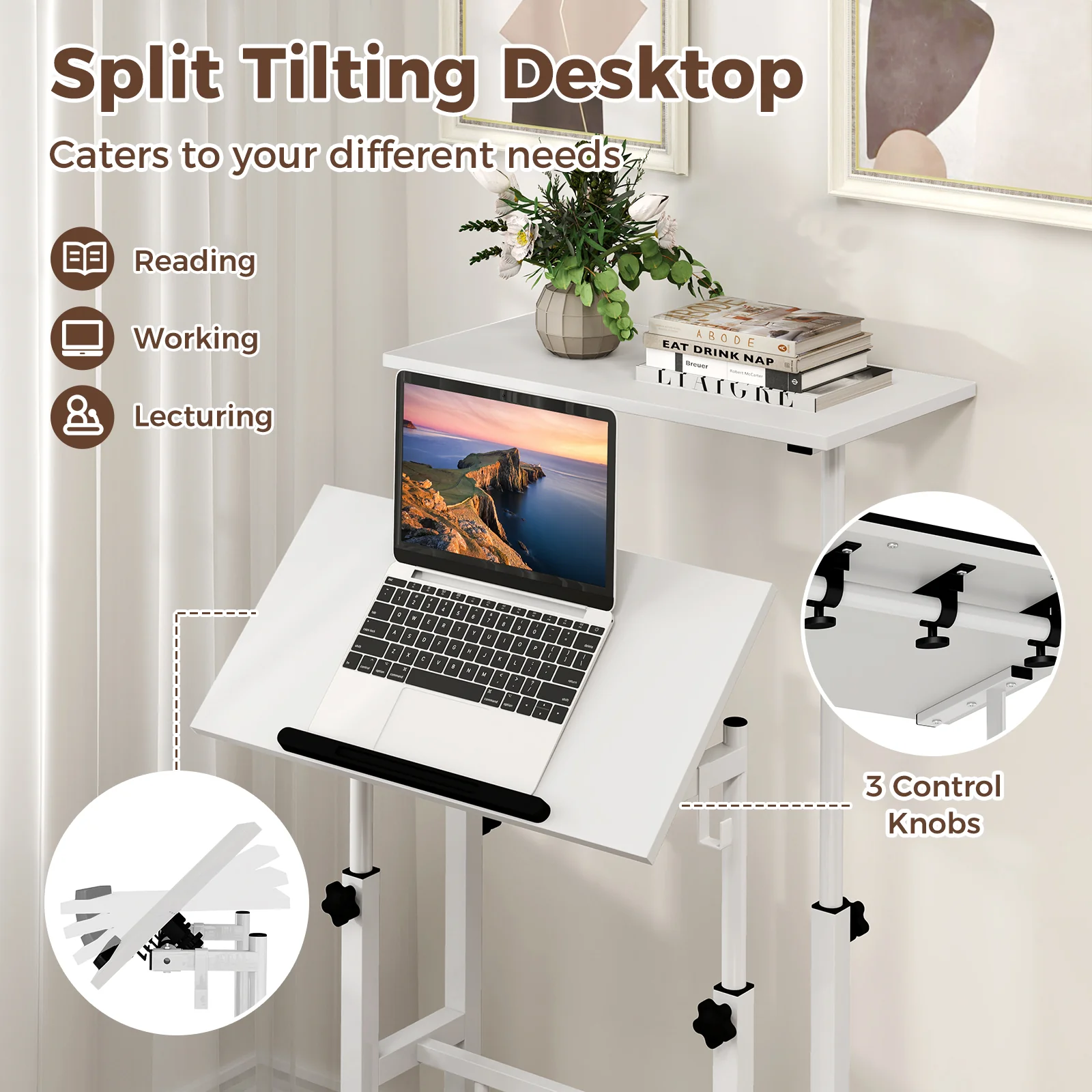 Mobile Standing Desk, Height Adjustable Laptop Cart, White - Image 9