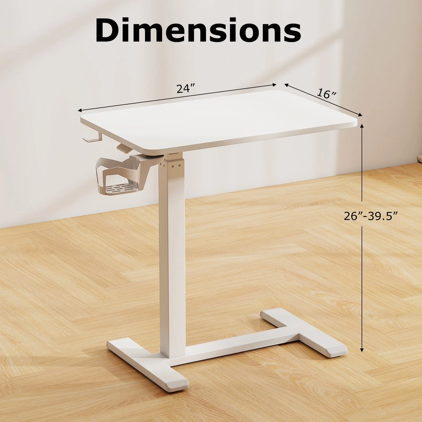Mobile Standing Desk, Height Adjustable Overbed Table With Cup Holder, White - Image 6