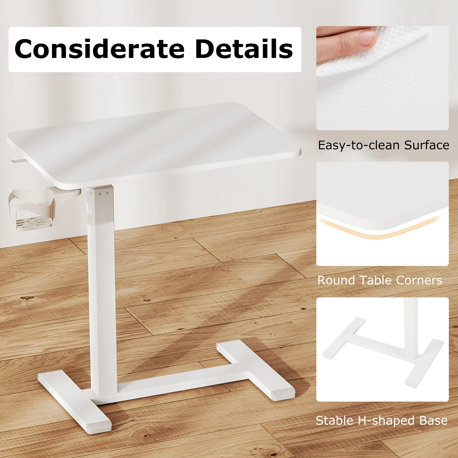 Mobile Standing Desk, Height Adjustable Overbed Table With Cup Holder, White - Image 8