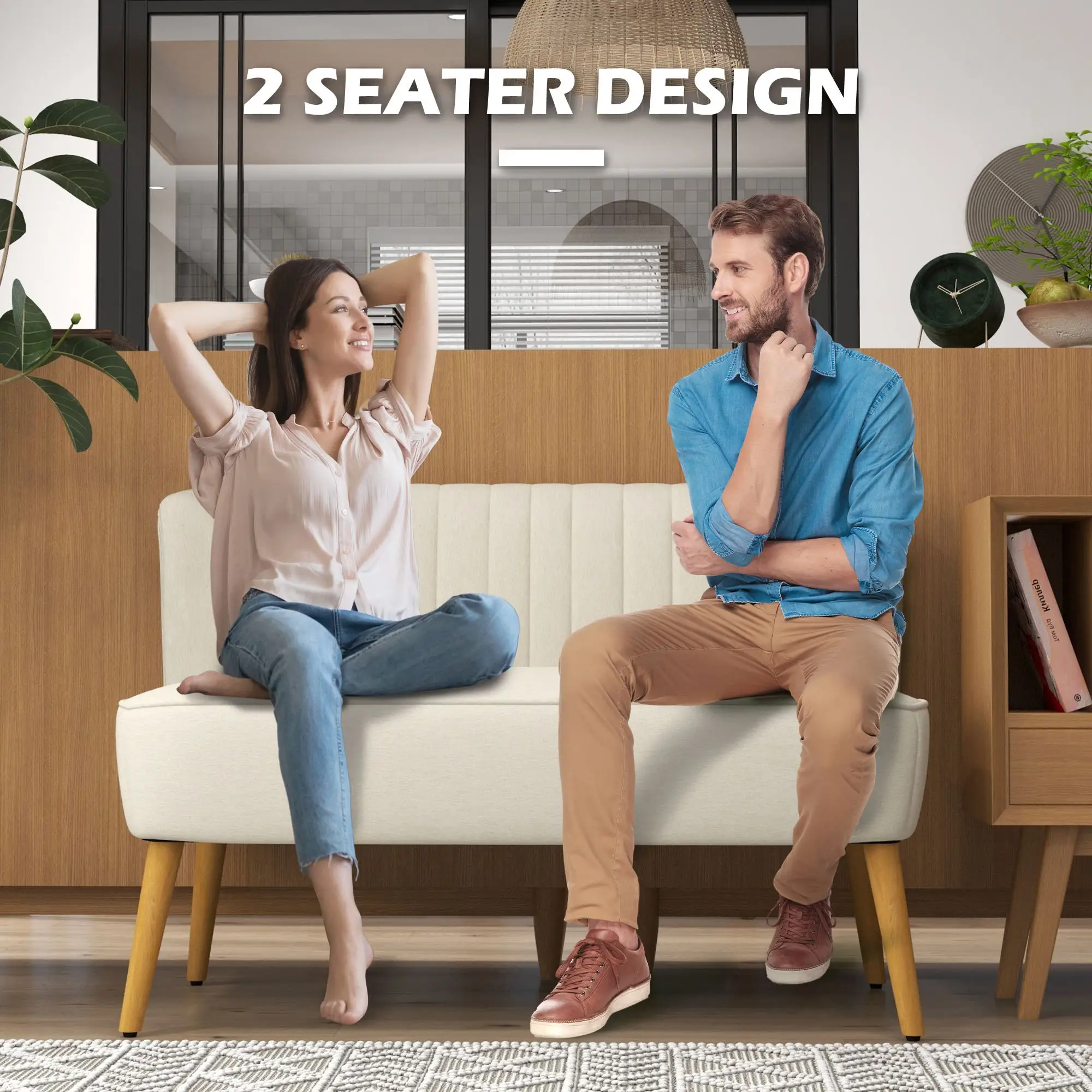 Modern 2 Seat Sofa, Upholstered Two Seater Couch, White - Image 6
