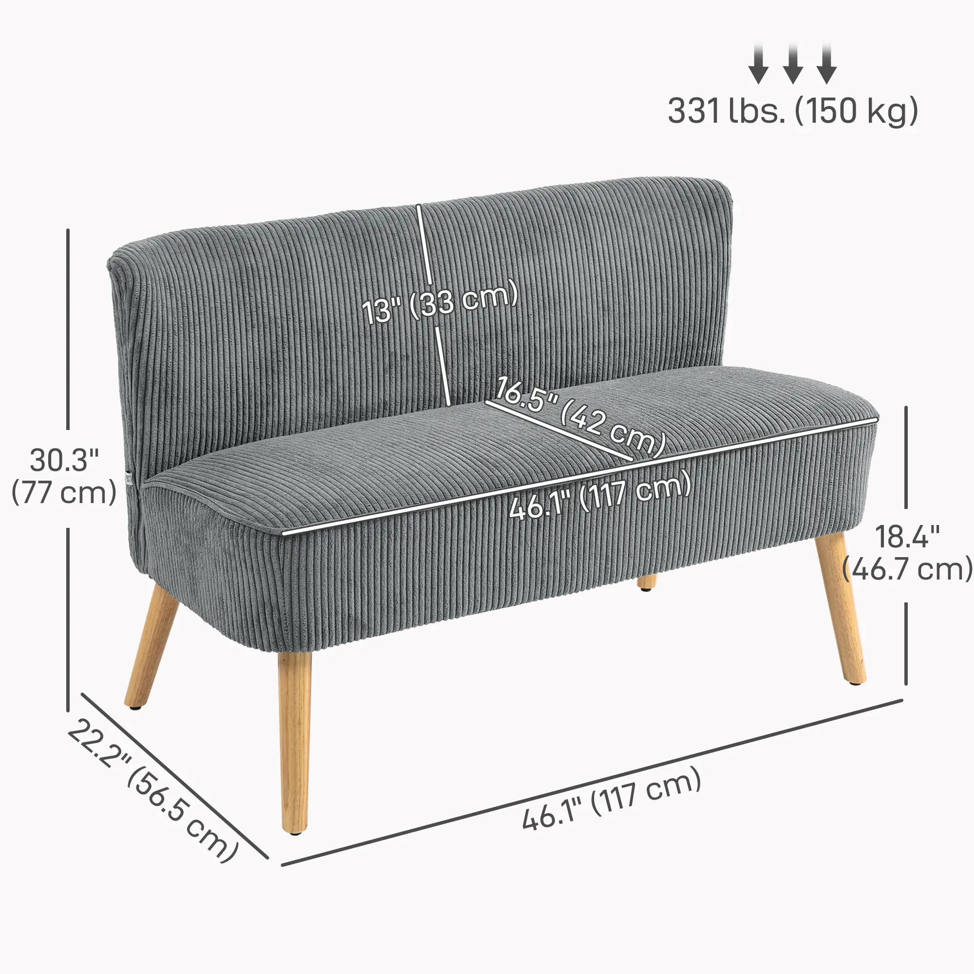 Modern 2 Seater Sofa, Upholstered Couch, Rubber Wood Legs, Grey - Image 3