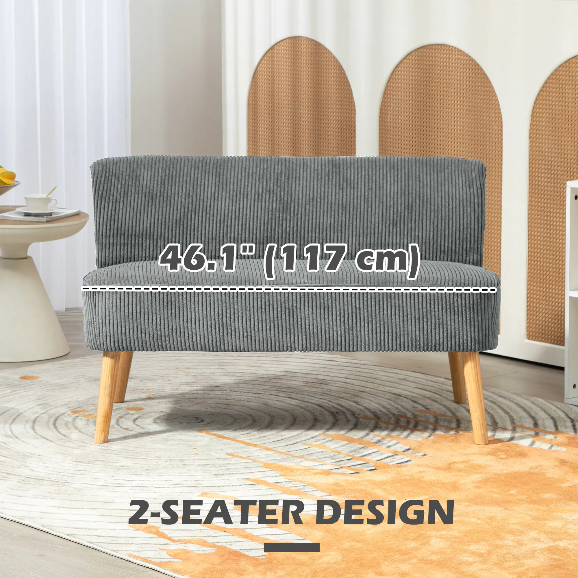 Modern 2 Seater Sofa, Upholstered Couch, Rubber Wood Legs, Grey - Image 6