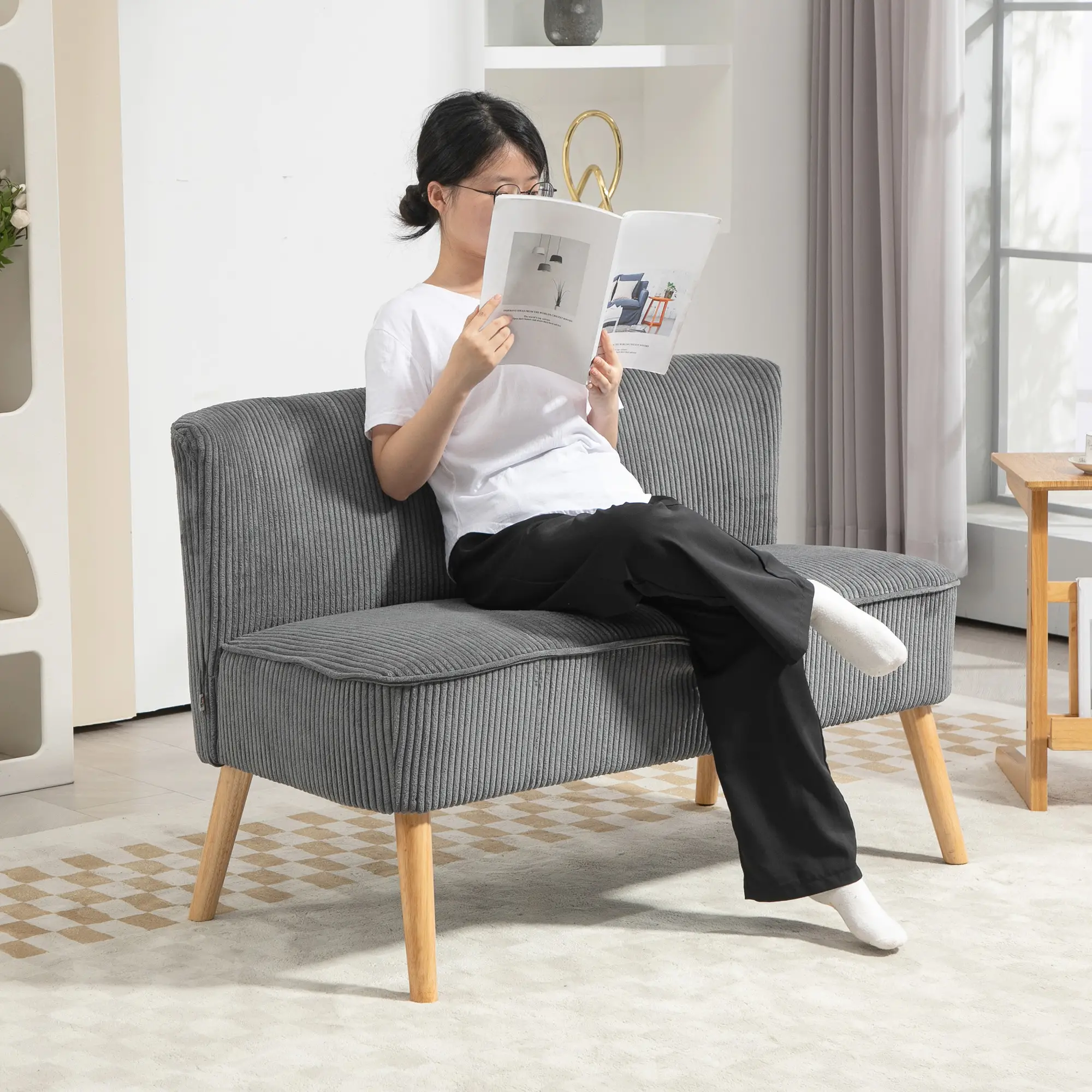 Modern 2 Seater Sofa, Upholstered Couch, Rubber Wood Legs, Grey - Image 8