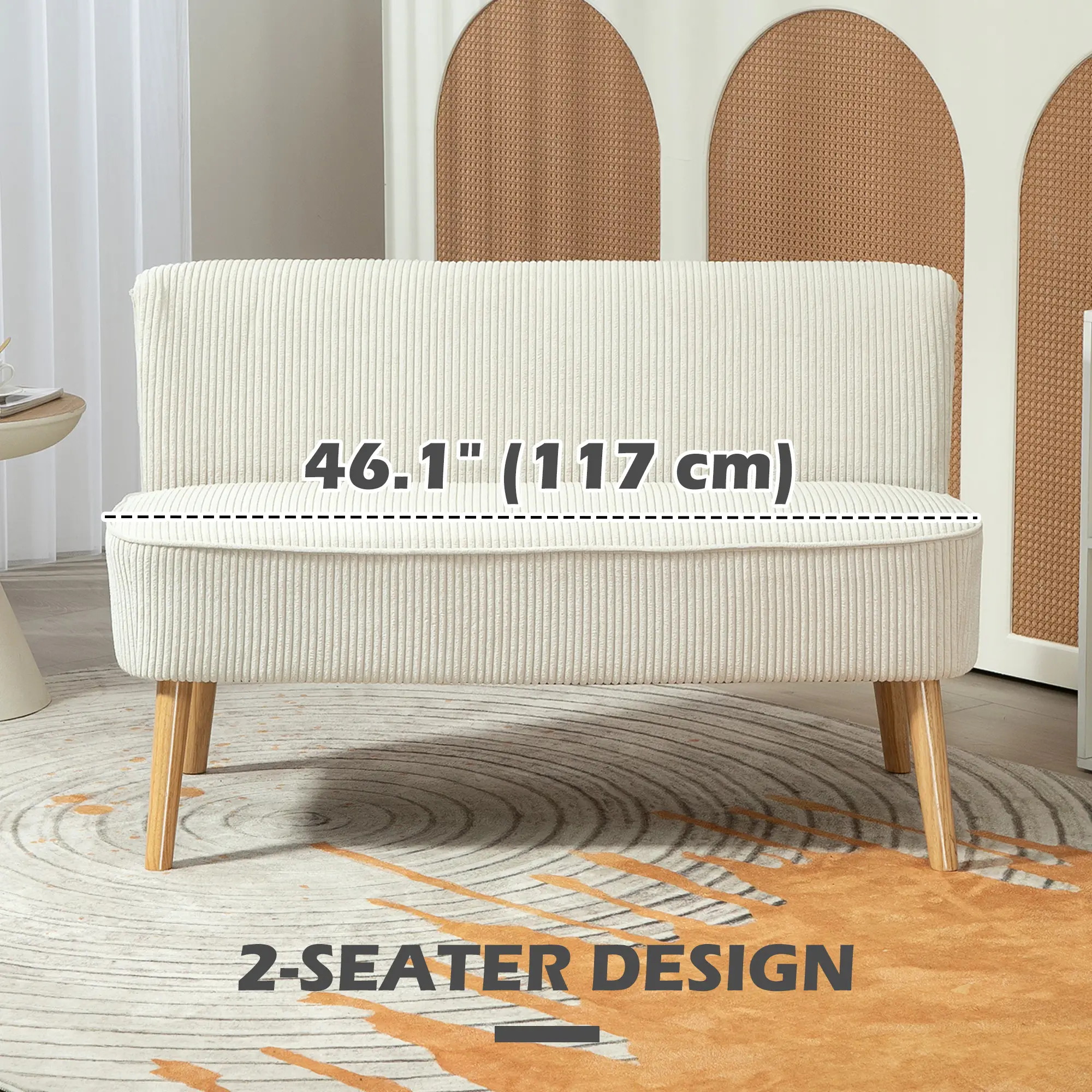 Modern 2 Seater Sofa, Upholstered Couch with Wood Legs, Cream White - Image 6