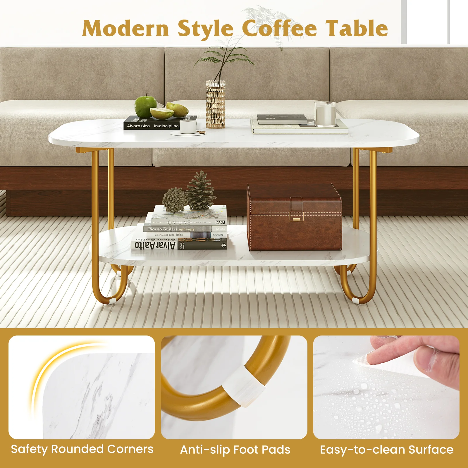 Modern 2-tier Faux Marble Top Coffee Table, White - Image 10