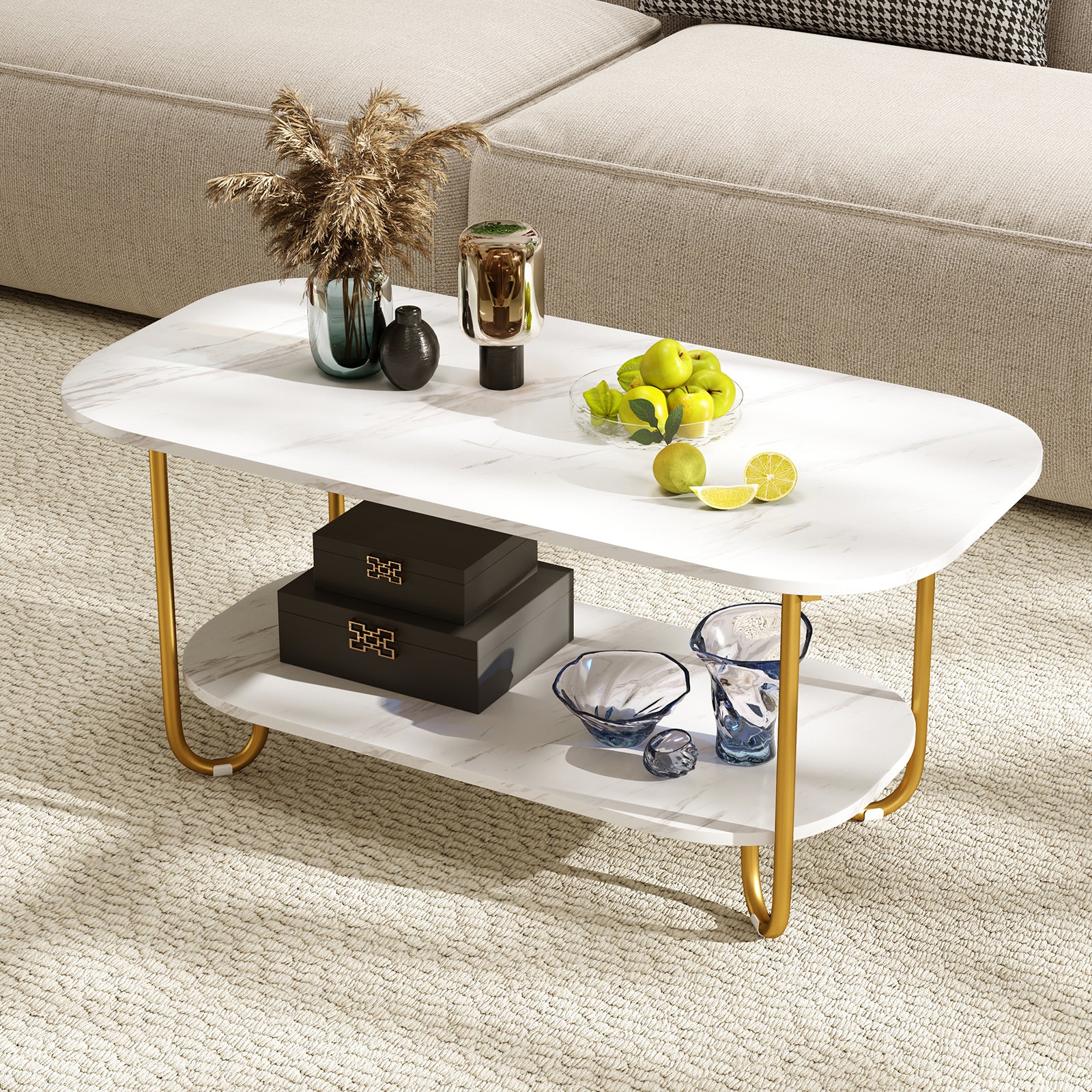 Modern 2-tier Faux Marble Top Coffee Table, White - Image 2