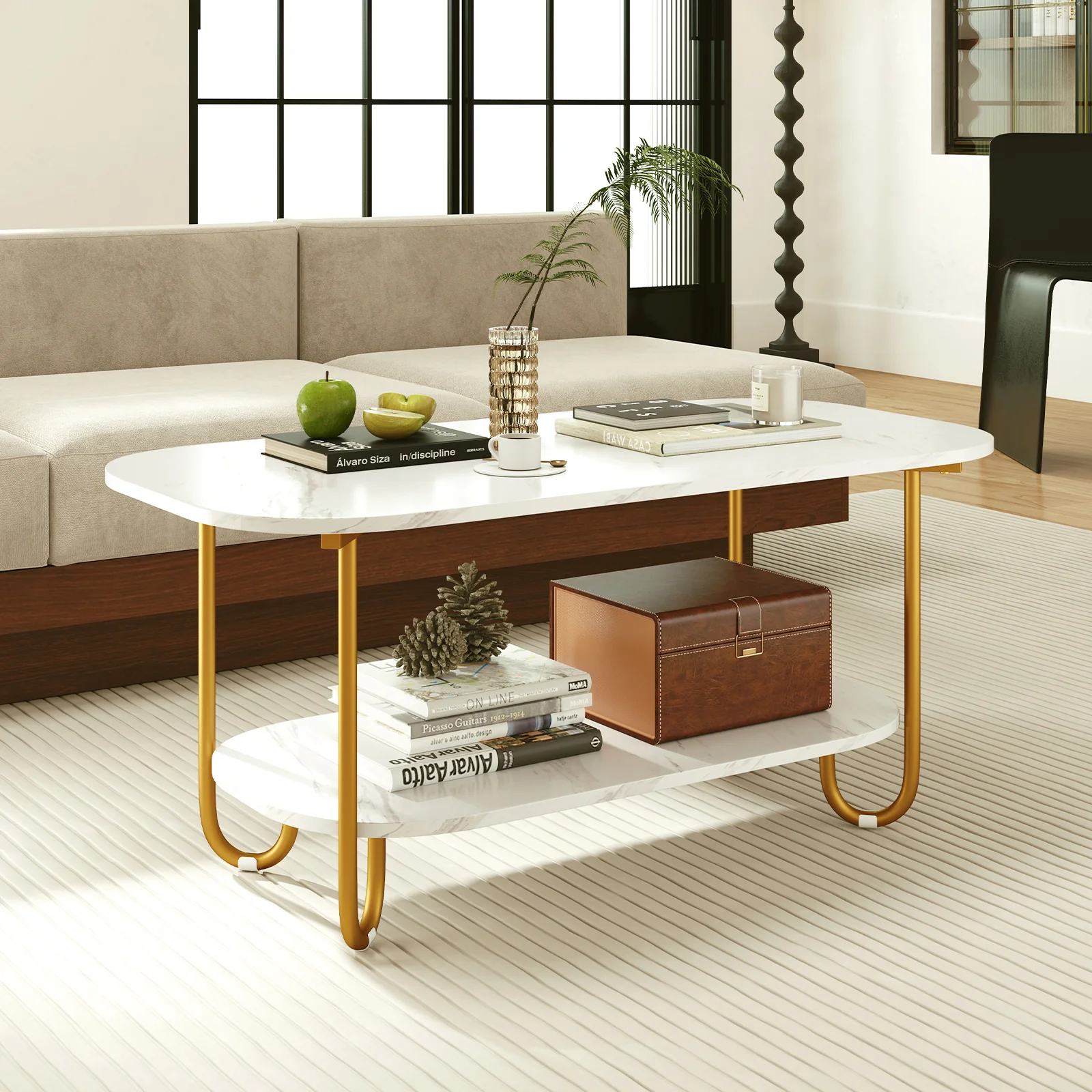 Modern 2-tier Faux Marble Top Coffee Table, White - Image 3
