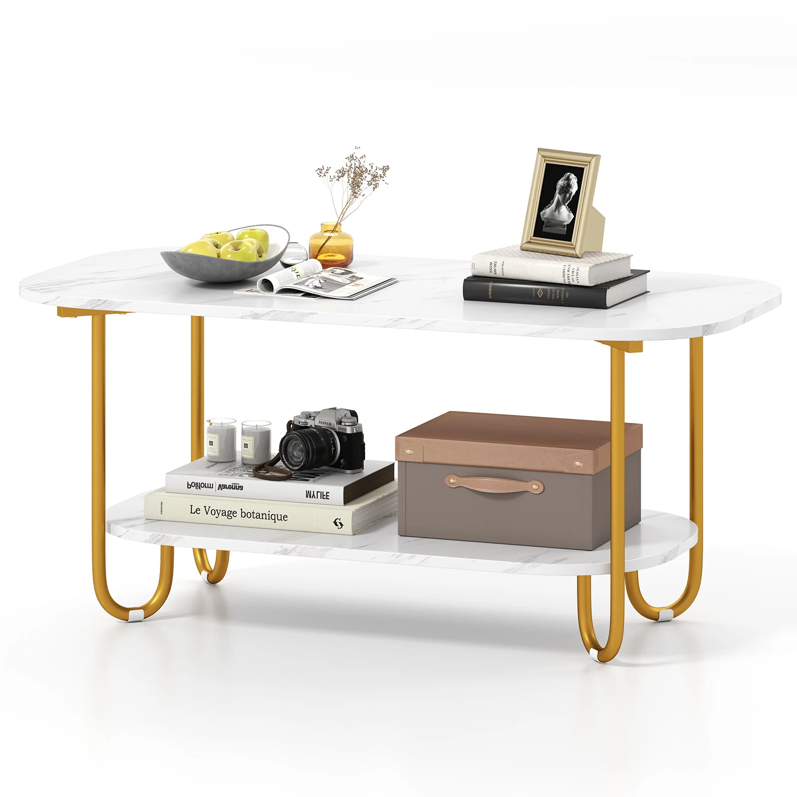 Modern 2-tier Faux Marble Top Coffee Table, White - Image 6