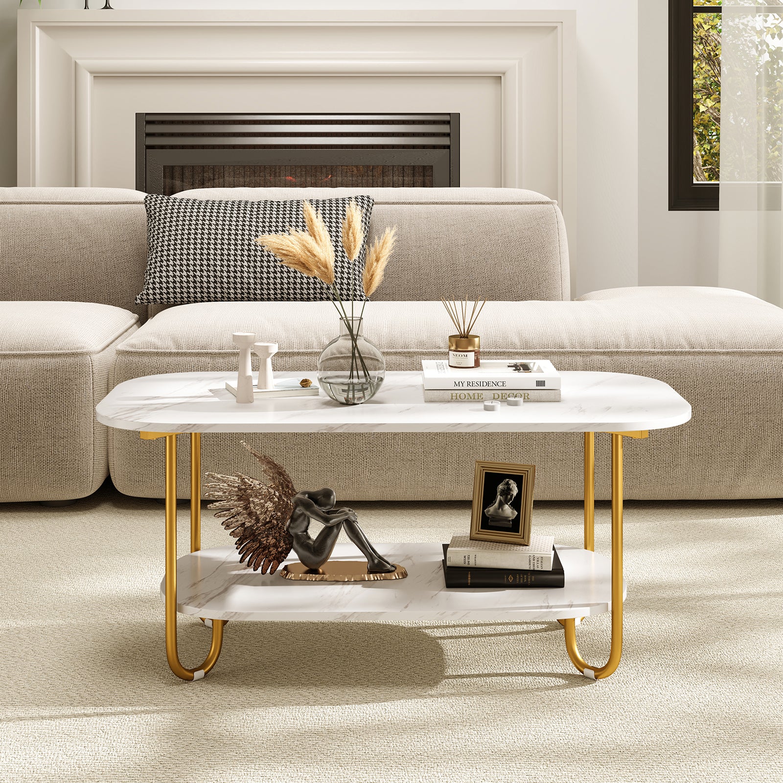 Modern 2-tier Faux Marble Top Coffee Table, White - Image 7